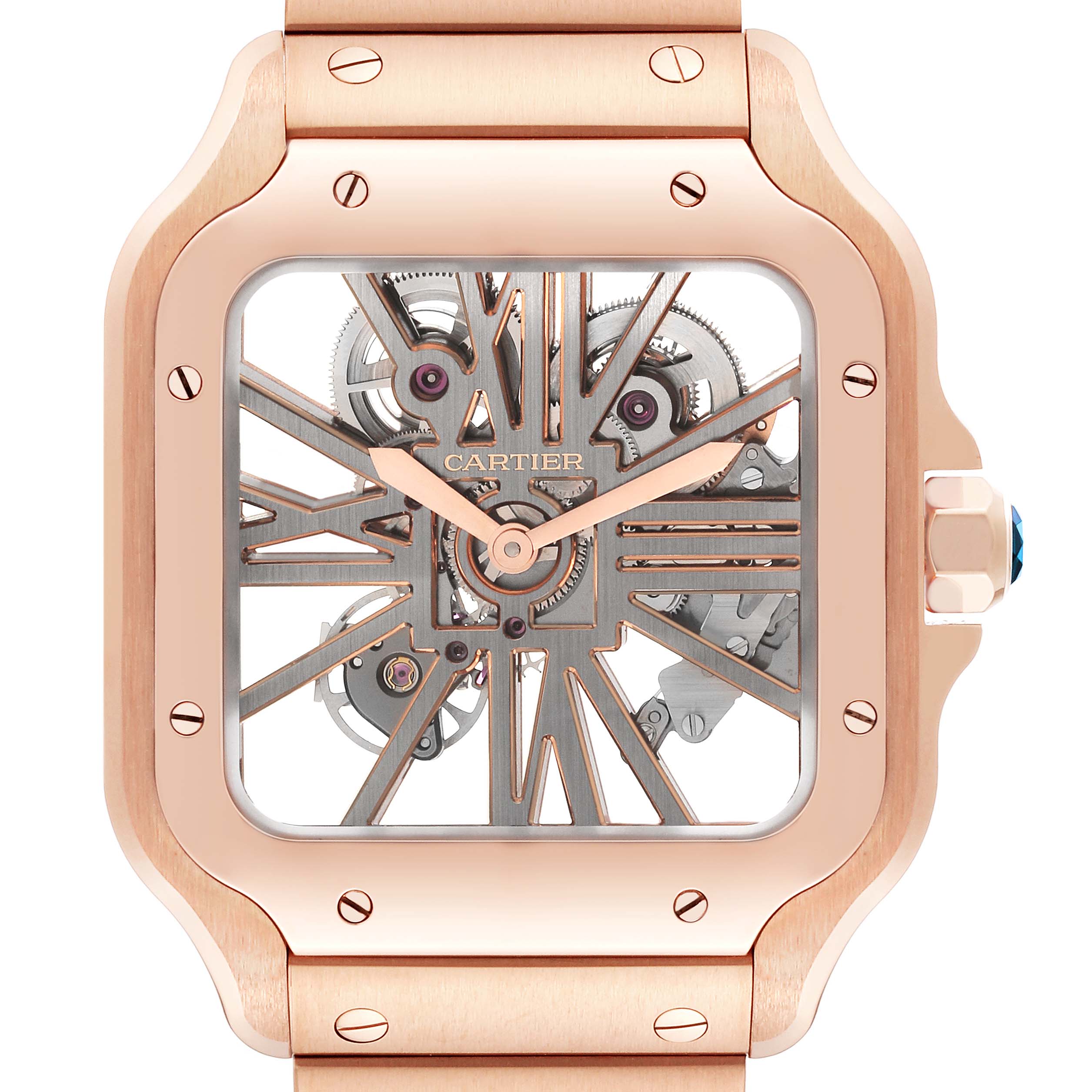The image shows the front view of a Cartier Santos WHSA0016 Men's Rose Gold Transparent Dial WHSA0016 Men's Rose Gold Transparent Dial watch, highlighting its skeleton dial and rose gold casing.