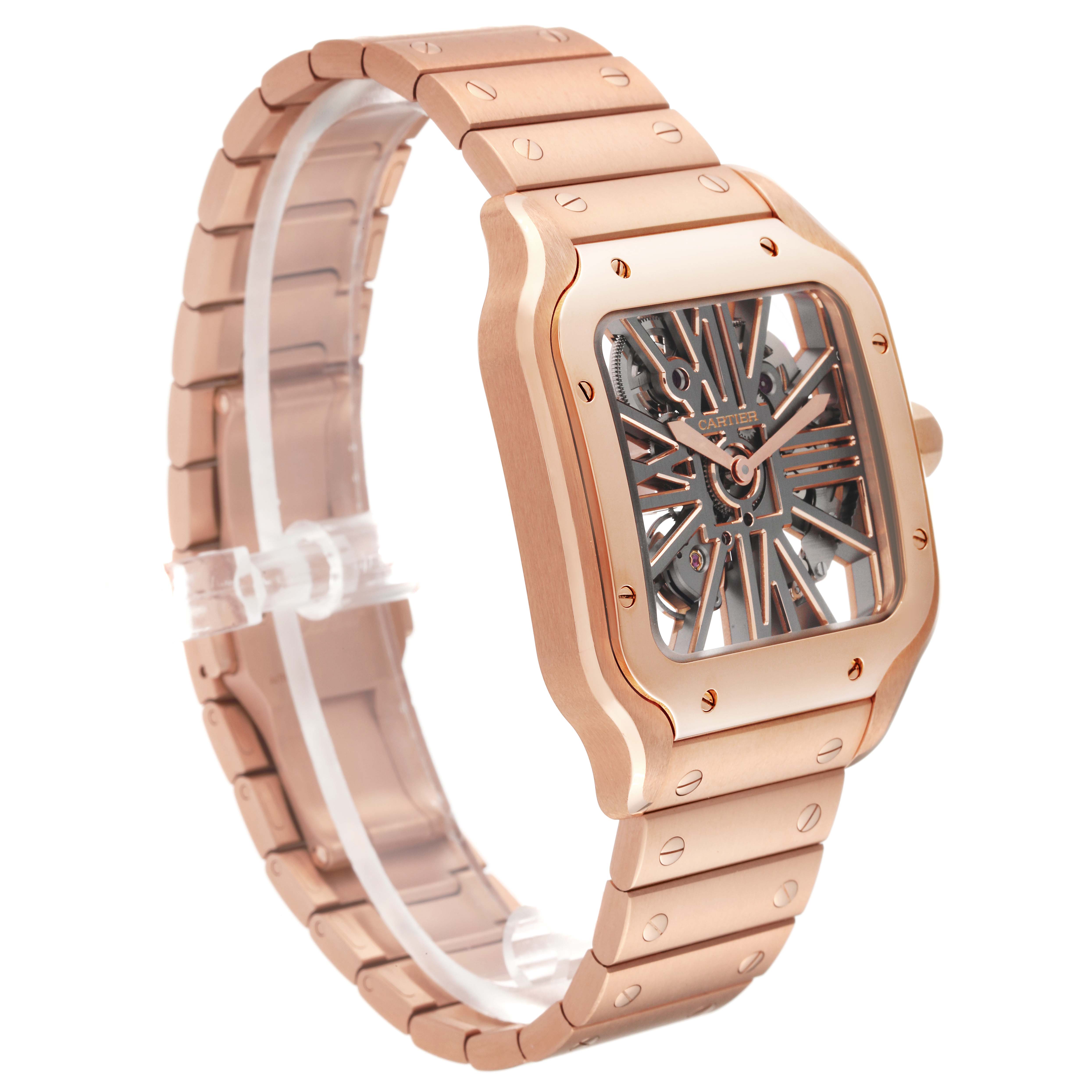 The Cartier Santos WHSA0016 Men's Rose Gold Transparent Dial WHSA0016 Men's Rose Gold Transparent Dial watch is displayed at an angled view, showcasing its skeleton dial, case, and bracelet.