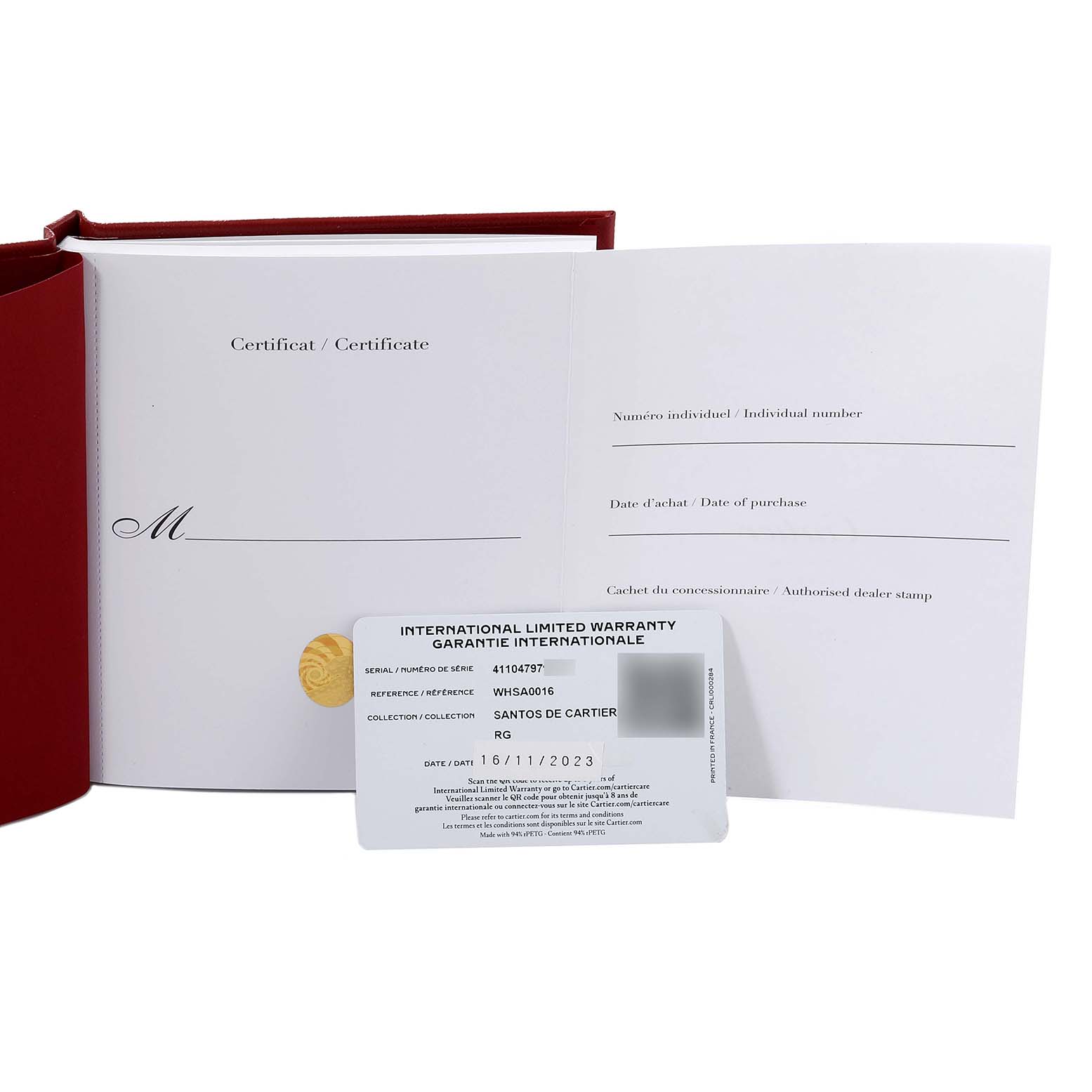 This image shows the warranty card and certificate booklet for the Santos model by Cartier.