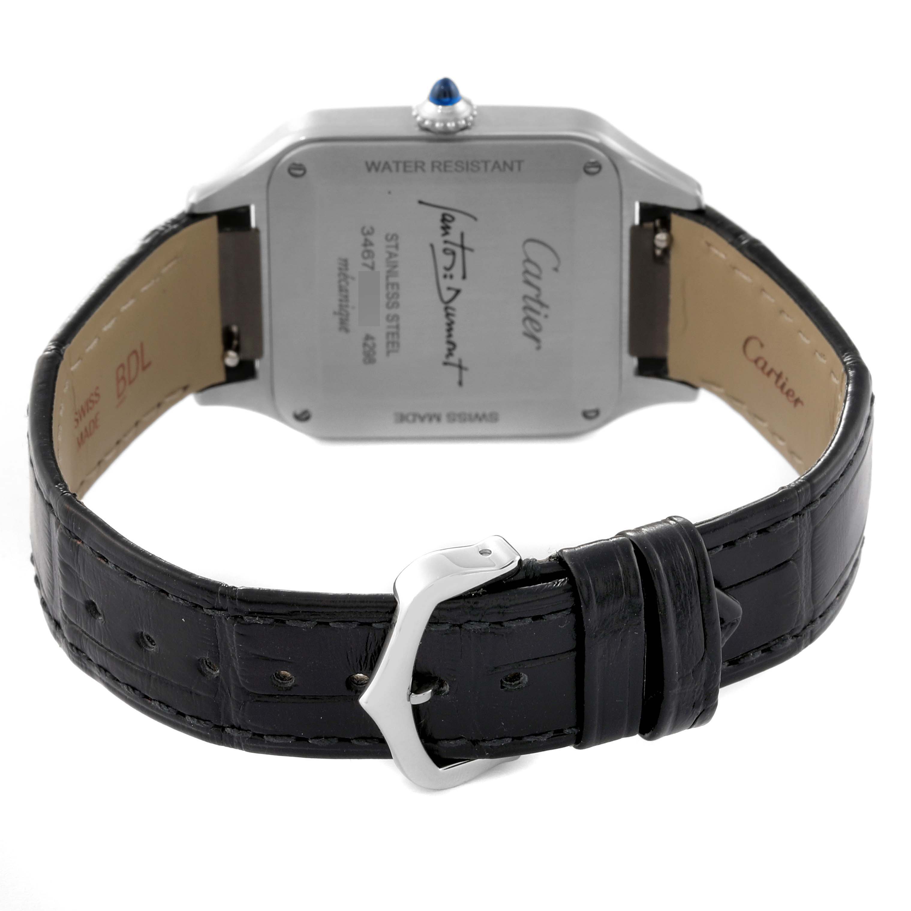 The image shows the back view of a Cartier Santos Dumont WSSA0046 Men's Stainless Steel Black Dial WSSA0046 Men's Stainless Steel Black Dial watch, featuring the case back, strap, and buckle.