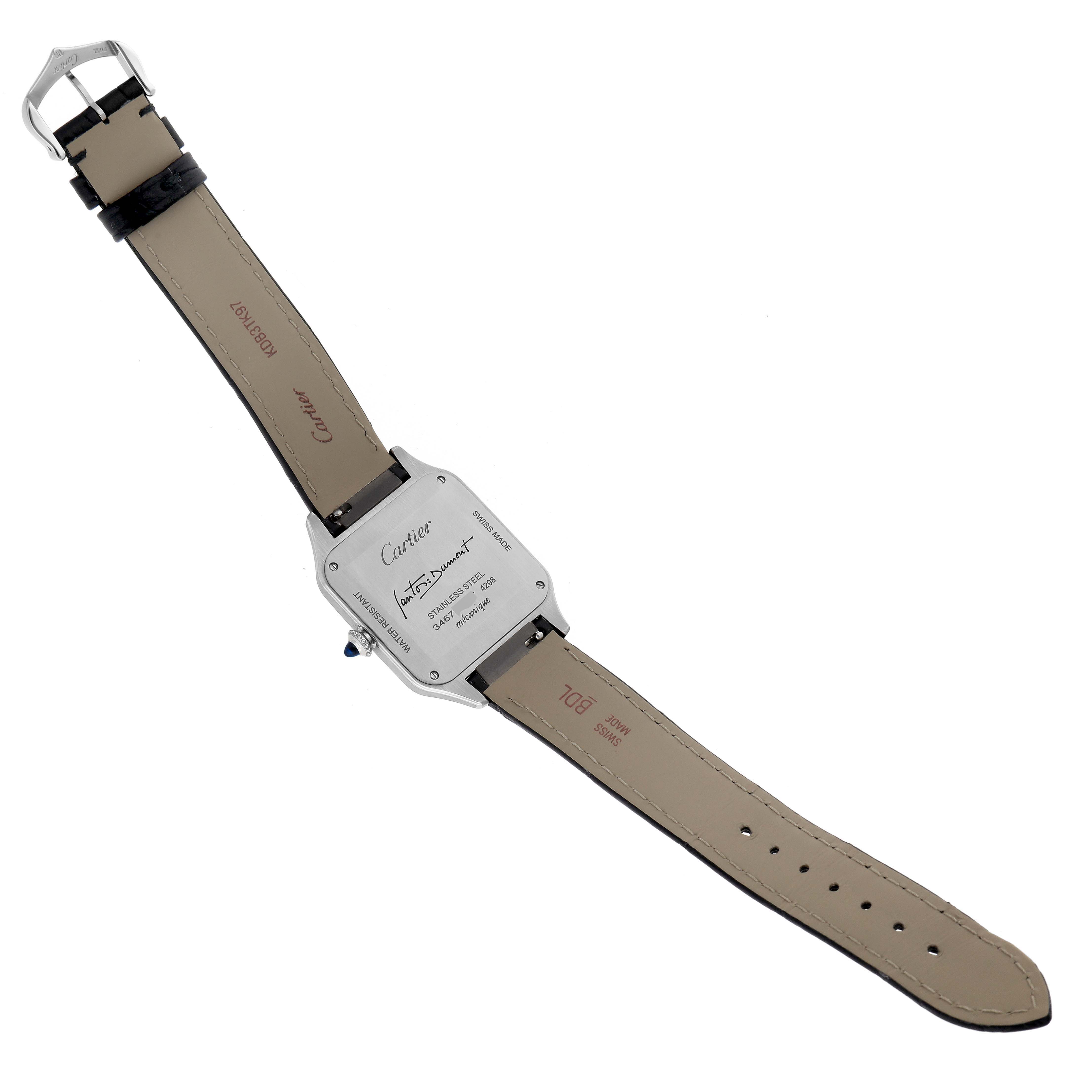 The image shows the back and full strap of a Santos Dumont model by Cartier, viewed from behind.