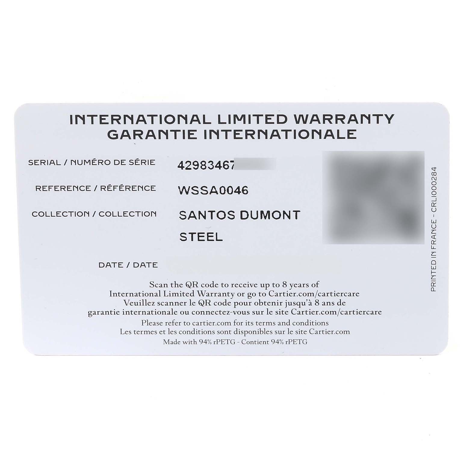 The image shows the front side of an International Limited Warranty card for the Santos Dumont model by Cartier.