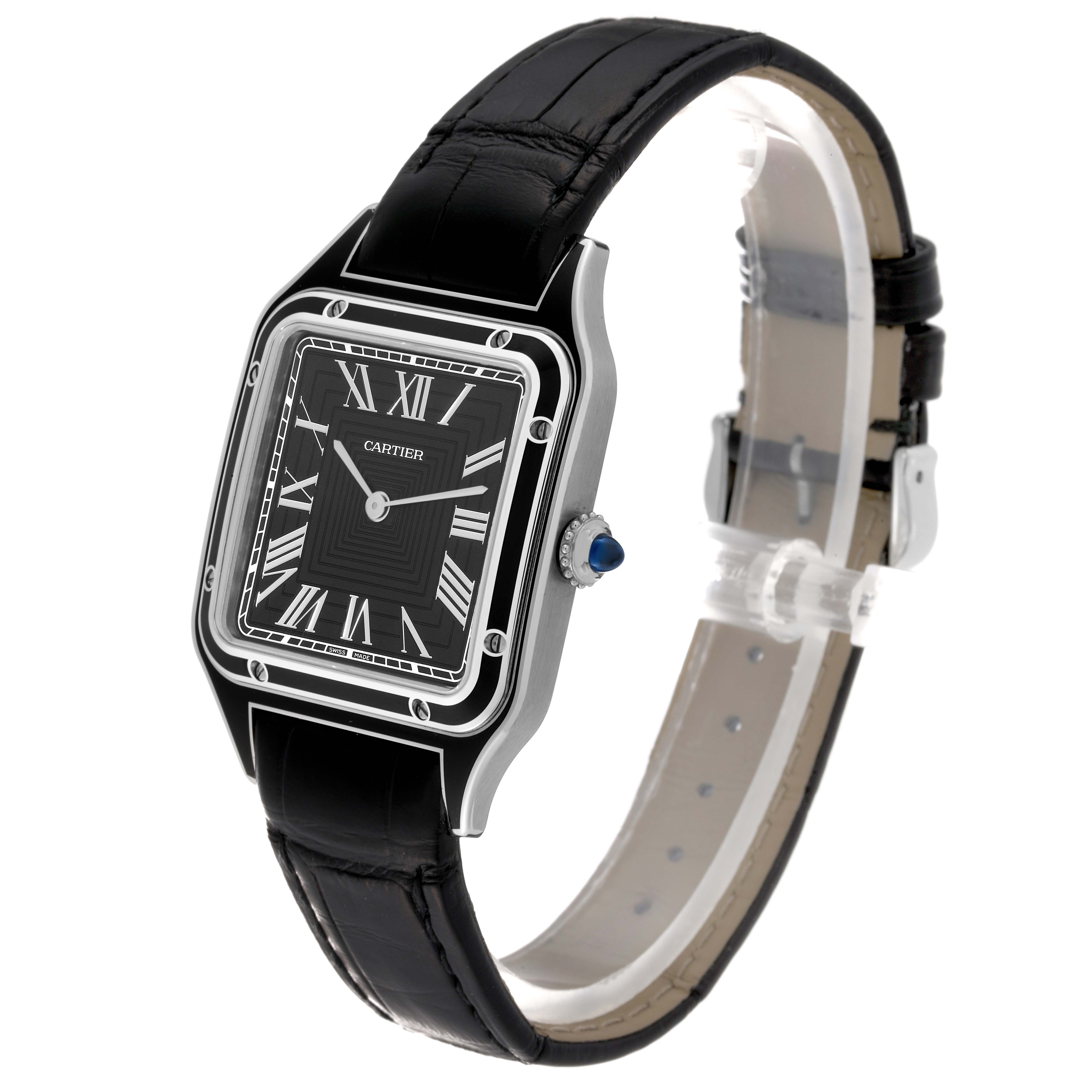 This image shows a Santos Dumont model watch by Cartier from a three-quarter view, showcasing the dial, case, crown, and black leather strap.