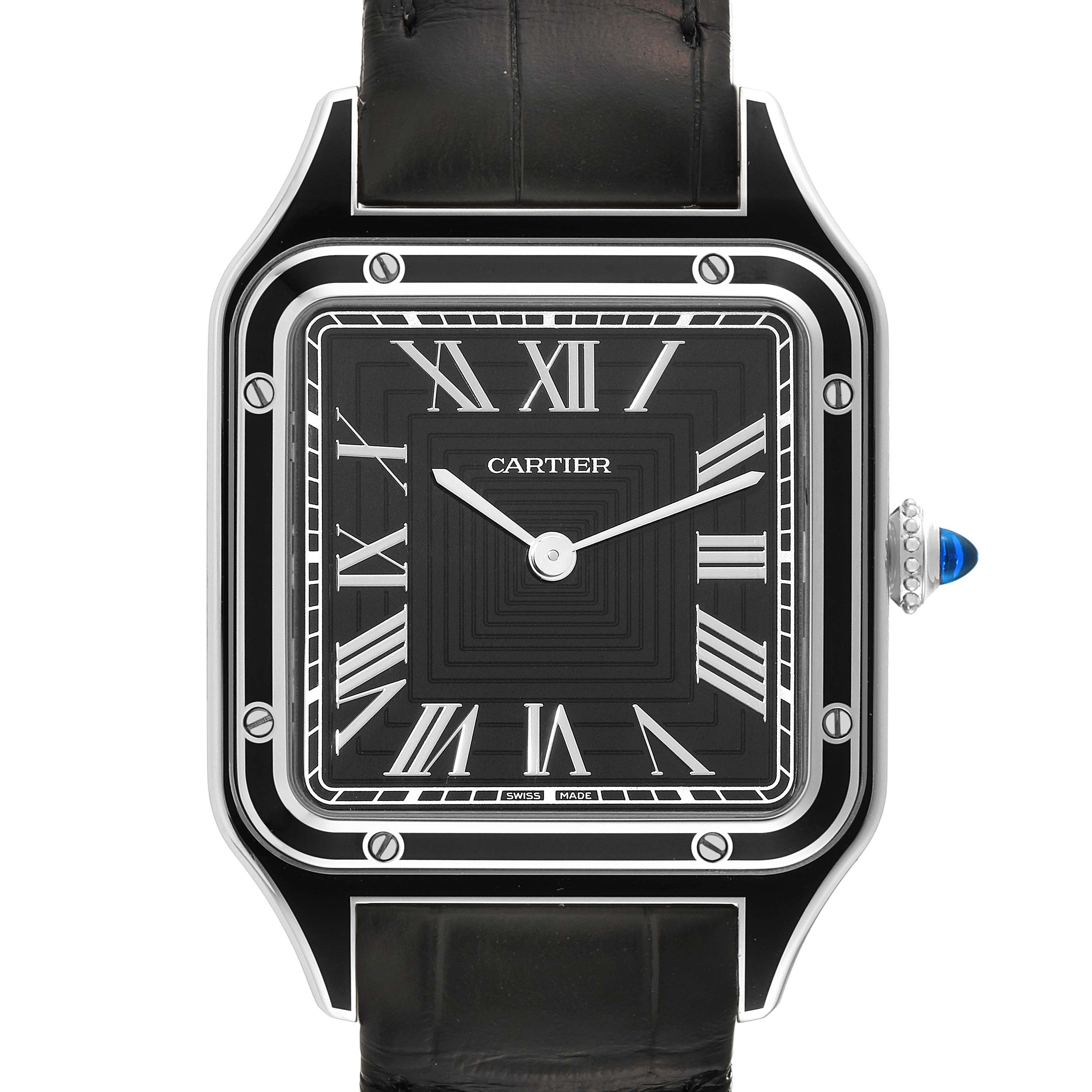 This image shows a front view of the Cartier Santos Dumont WSSA0046 Men's Stainless Steel Black Dial WSSA0046 Men's Stainless Steel Black Dial watch, highlighting its square dial, Roman numerals, and black strap.