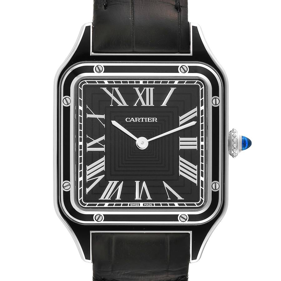 Cartier Santos Dumont Large Black Strap Steel Mens Watch WSSA0046 Unworn SwissWatchExpo