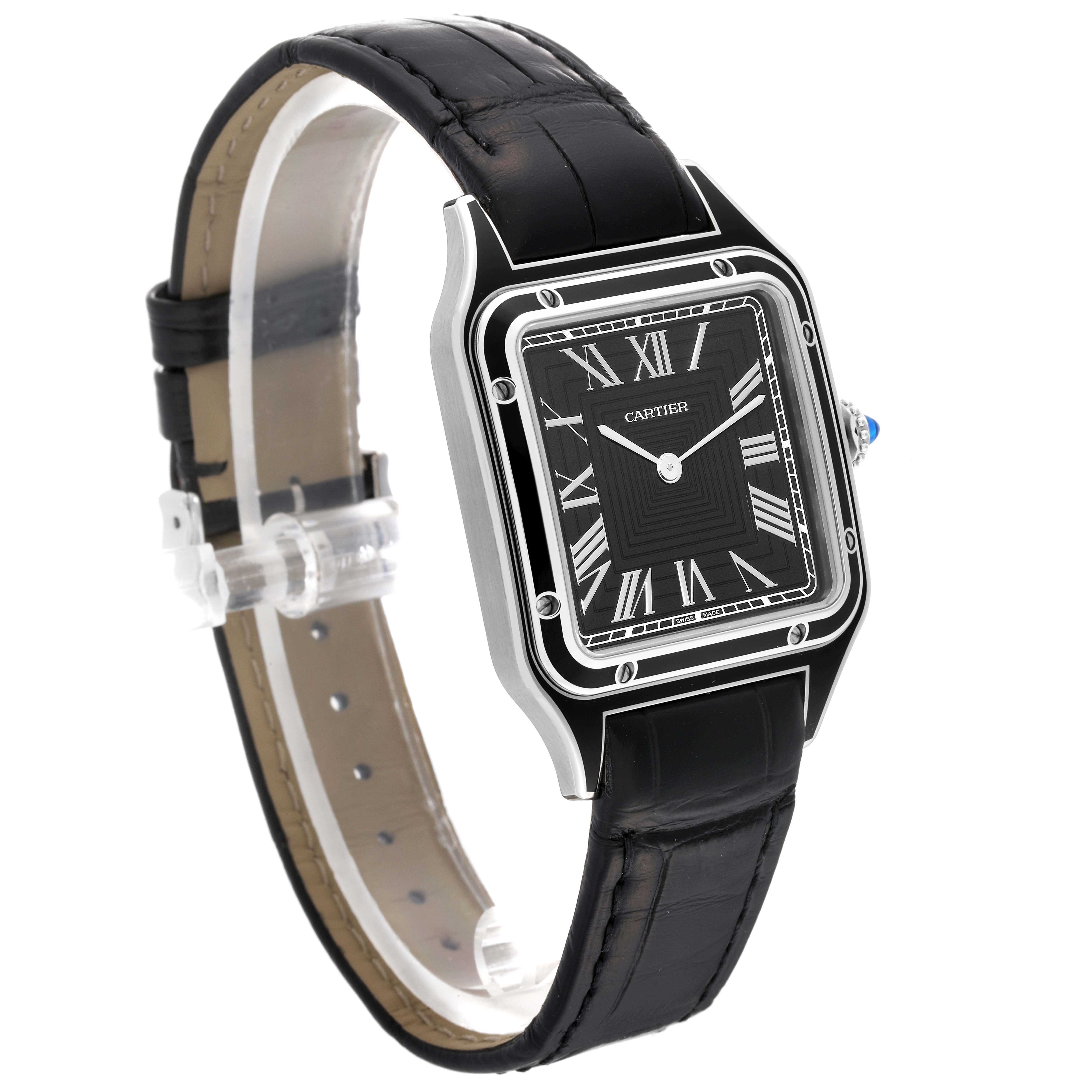 The image shows a Santos Dumont model by Cartier from a side angle, highlighting its black leather strap, rectangular dial, and intricate bezel detailing.