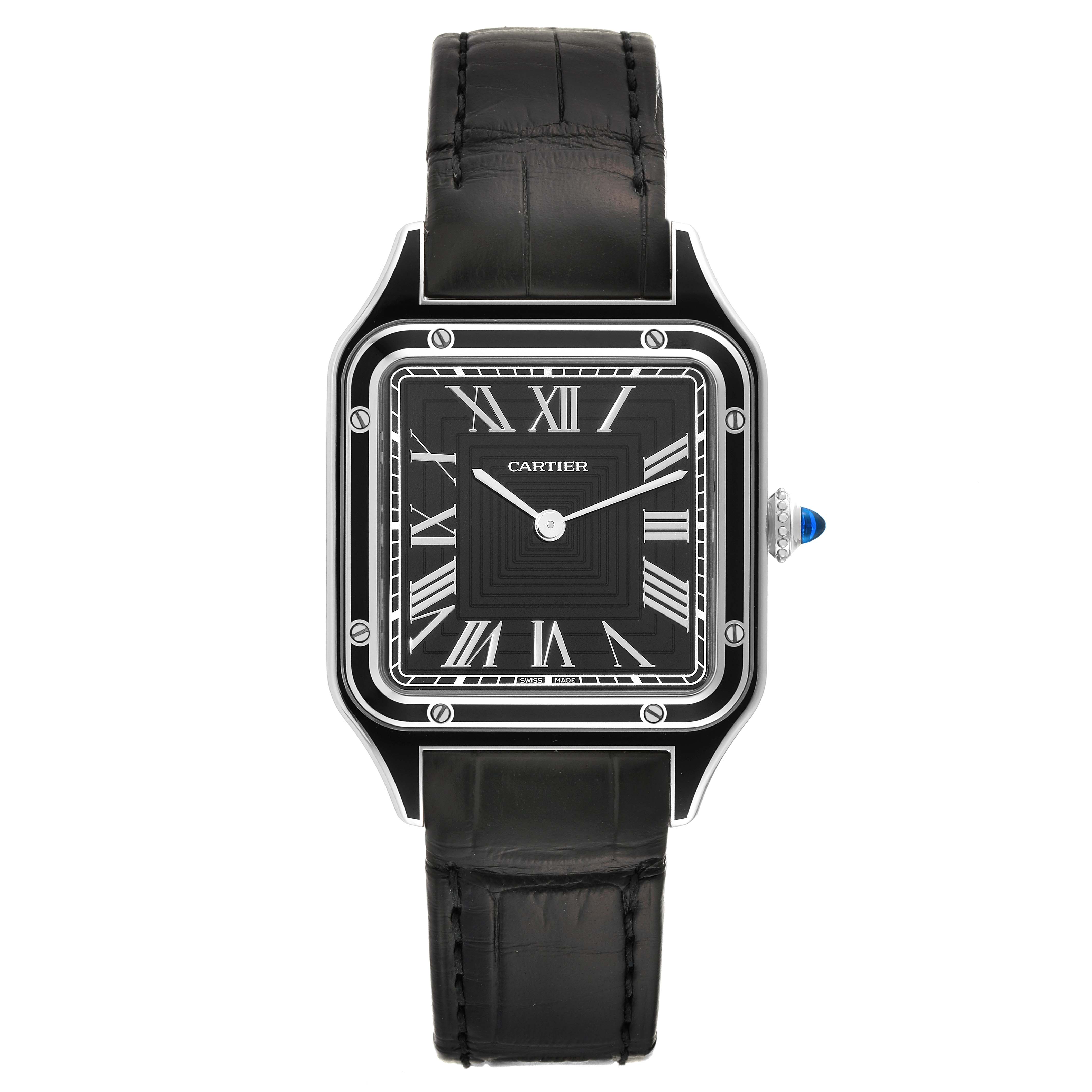 This image shows a top view of the Cartier Santos Dumont WSSA0046 Men's Stainless Steel Black Dial WSSA0046 Men's Stainless Steel Black Dial model, displaying its black leather strap and square face with Roman numerals.