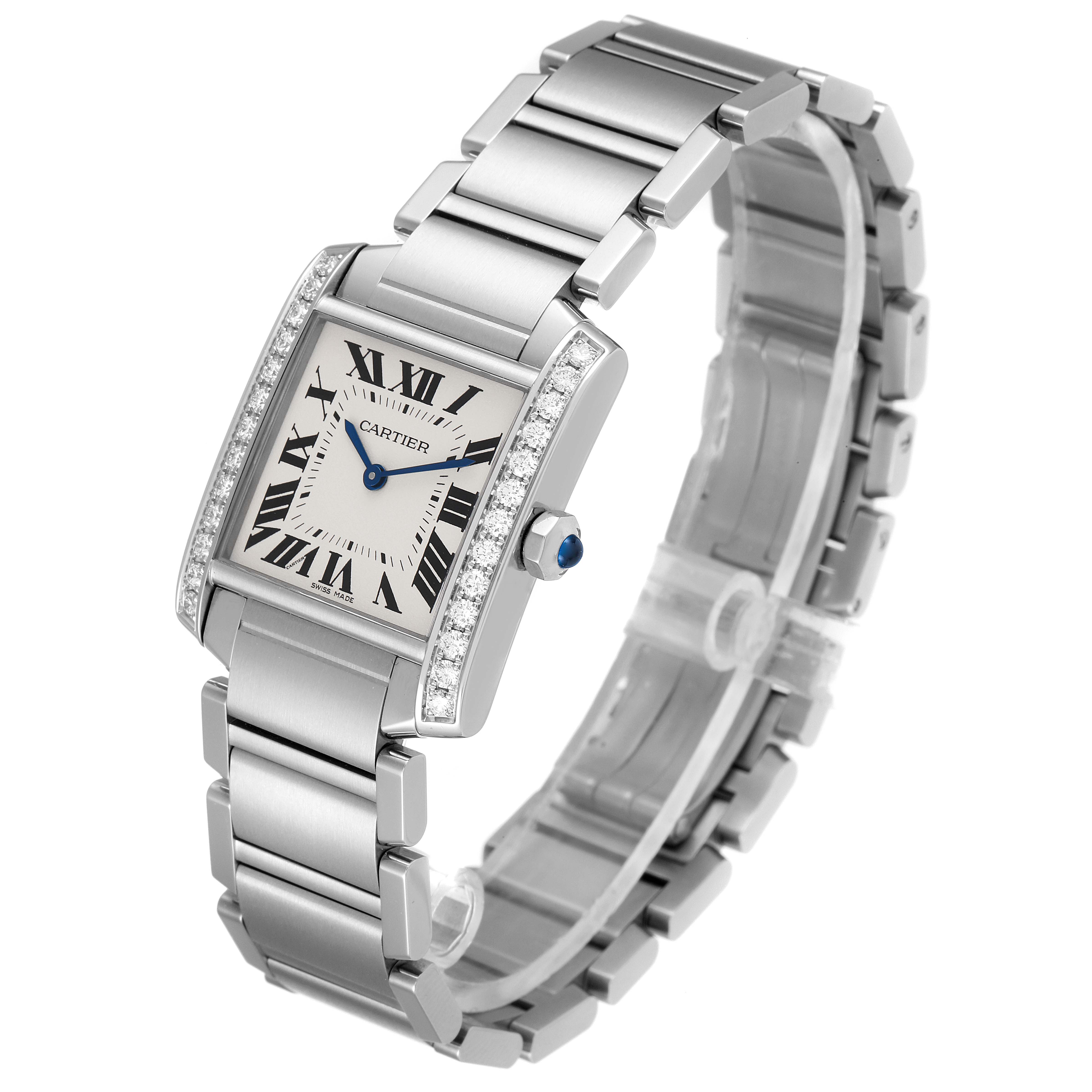 The Cartier Tank Francaise W4TA0009 Women's Stainless Steel Silver Dial W4TA0009 Women's Stainless Steel Silver Dial watch is shown at a three-quarter angle, displaying its face, bezel, and bracelet.