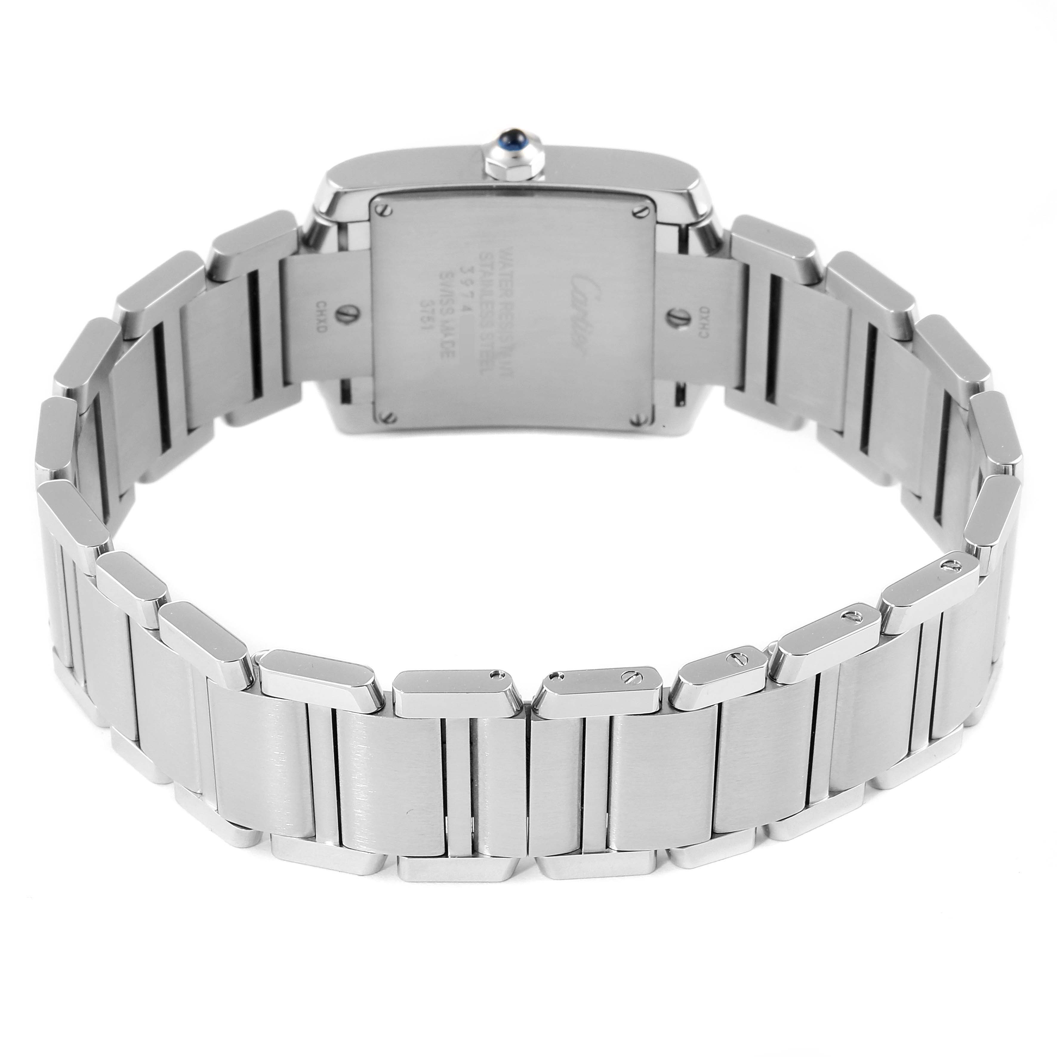 The image shows the back view of a Cartier Tank Francaise W4TA0009 Women's Stainless Steel Silver Dial W4TA0009 Women's Stainless Steel Silver Dial watch focusing on its metal bracelet and case back.