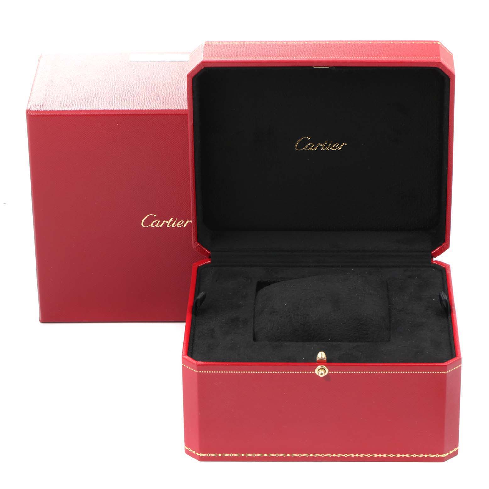The image shows an open red box and outer packaging with "Cartier" branding, indicating it is for a Tank Francaise model by Cartier.