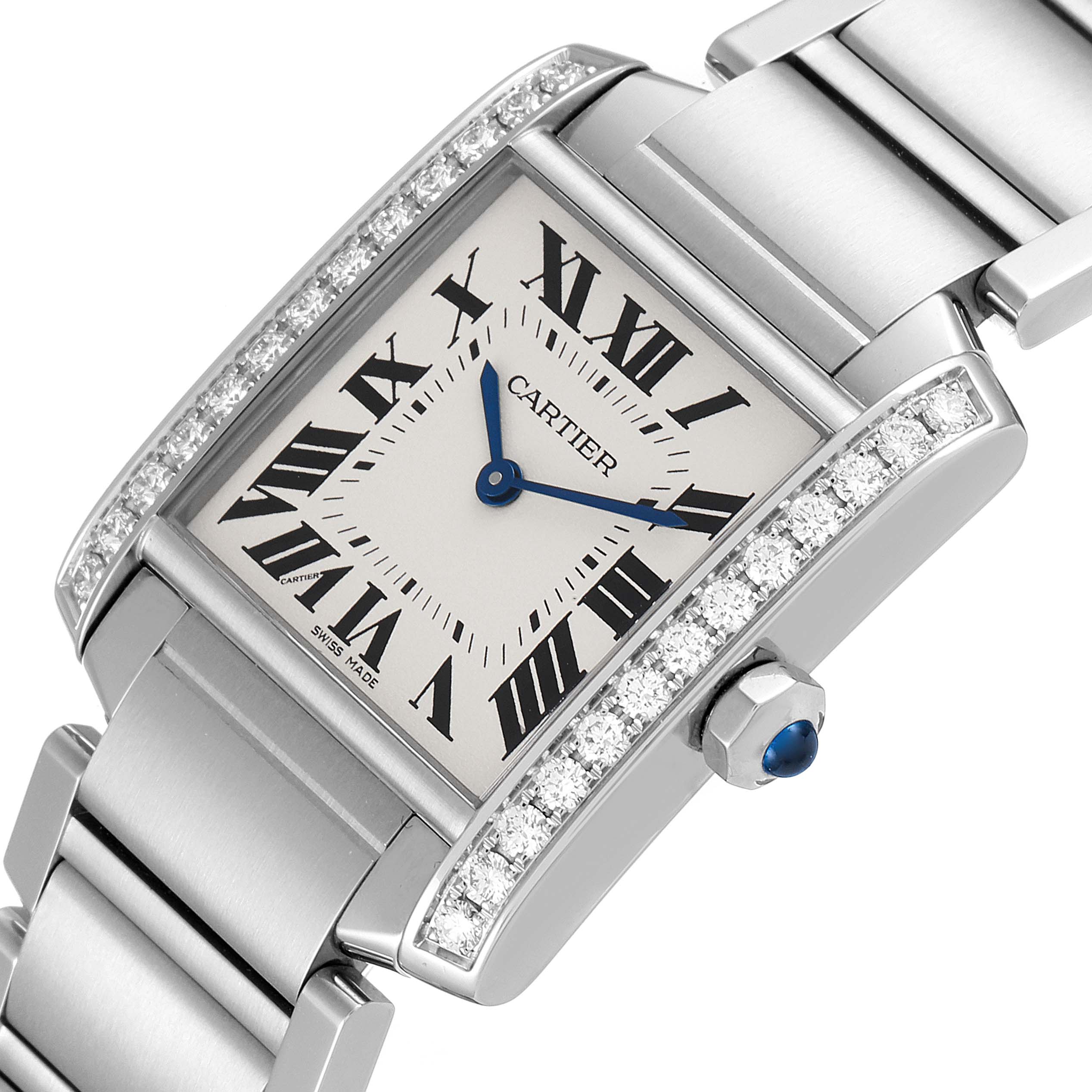 The image shows a close-up of the Cartier Tank Française watch dial, part of the bracelet, and the side adorned with diamonds.