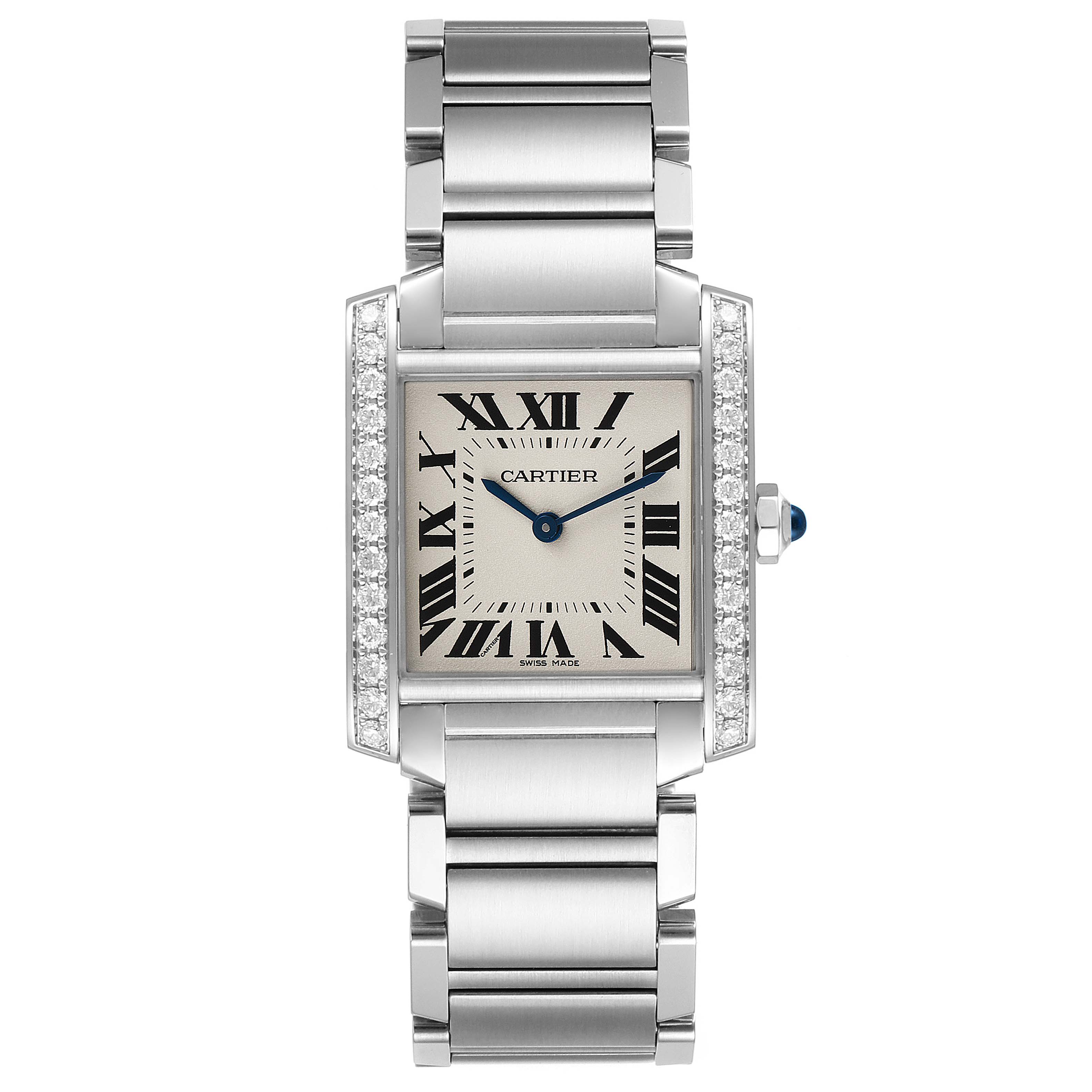 The image shows a front view of the Cartier Tank Francaise W4TA0009 Women's Stainless Steel Silver Dial W4TA0009 Women's Stainless Steel Silver Dial watch, highlighting its rectangular face, Roman numeral dial, and metal bracelet.
