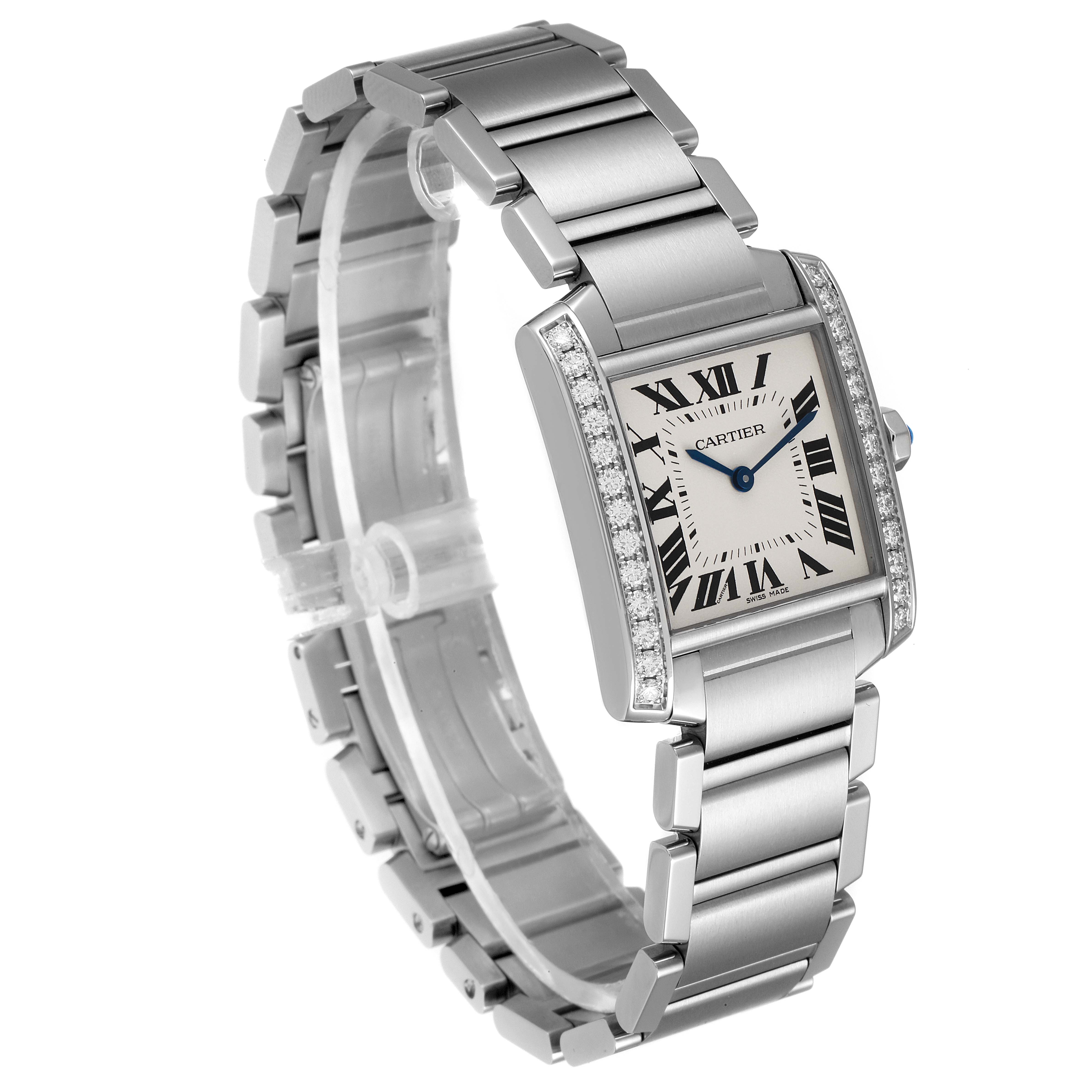 The image shows a Cartier Tank Francaise W4TA0009 Women's Stainless Steel Silver Dial W4TA0009 Women's Stainless Steel Silver Dial watch from a three-quarter angle, highlighting its face, bracelet, and diamond-accented bezel.