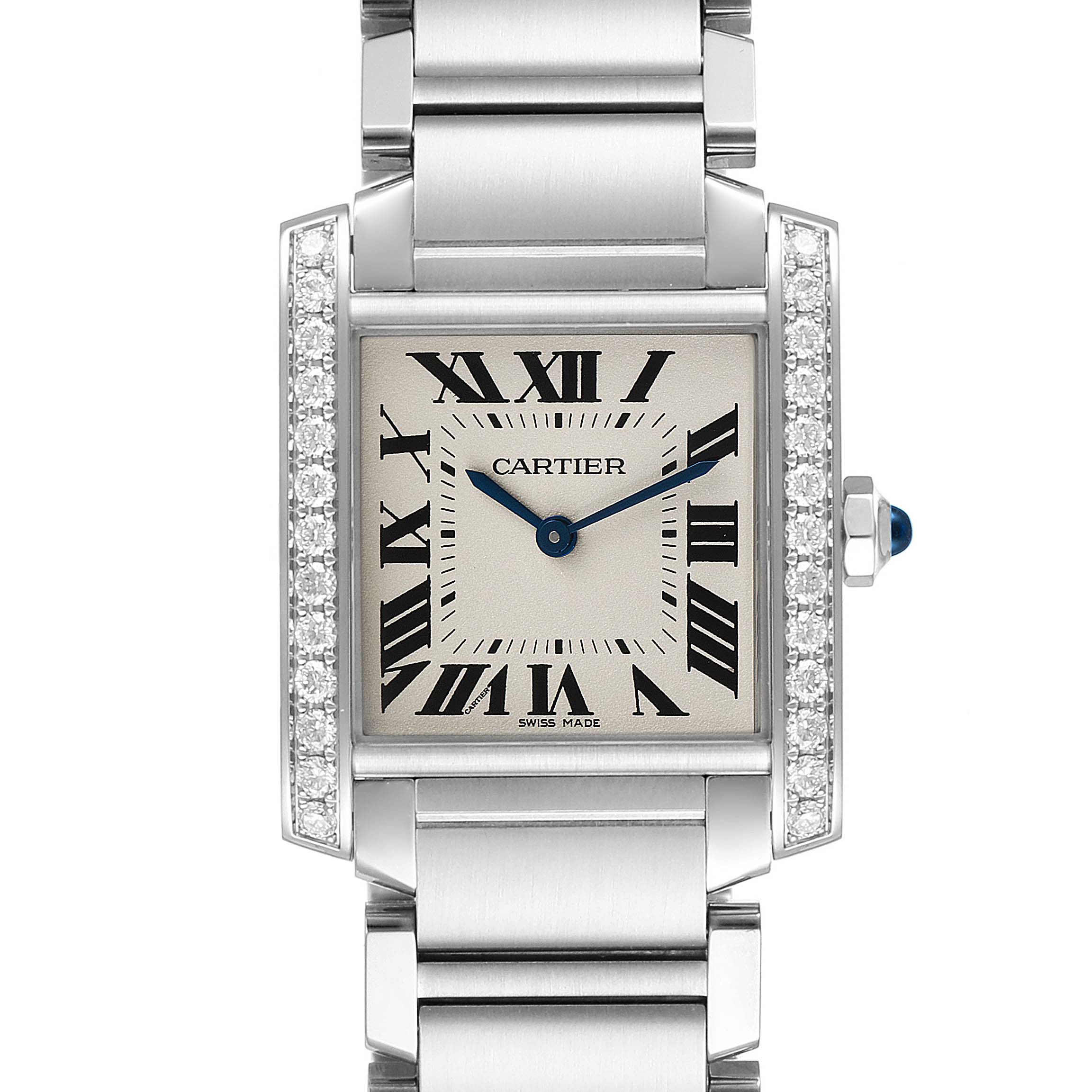 The image shows a Cartier Tank Française watch from a front angle, displaying the face, bracelet, and side-set crown with a blue gemstone.