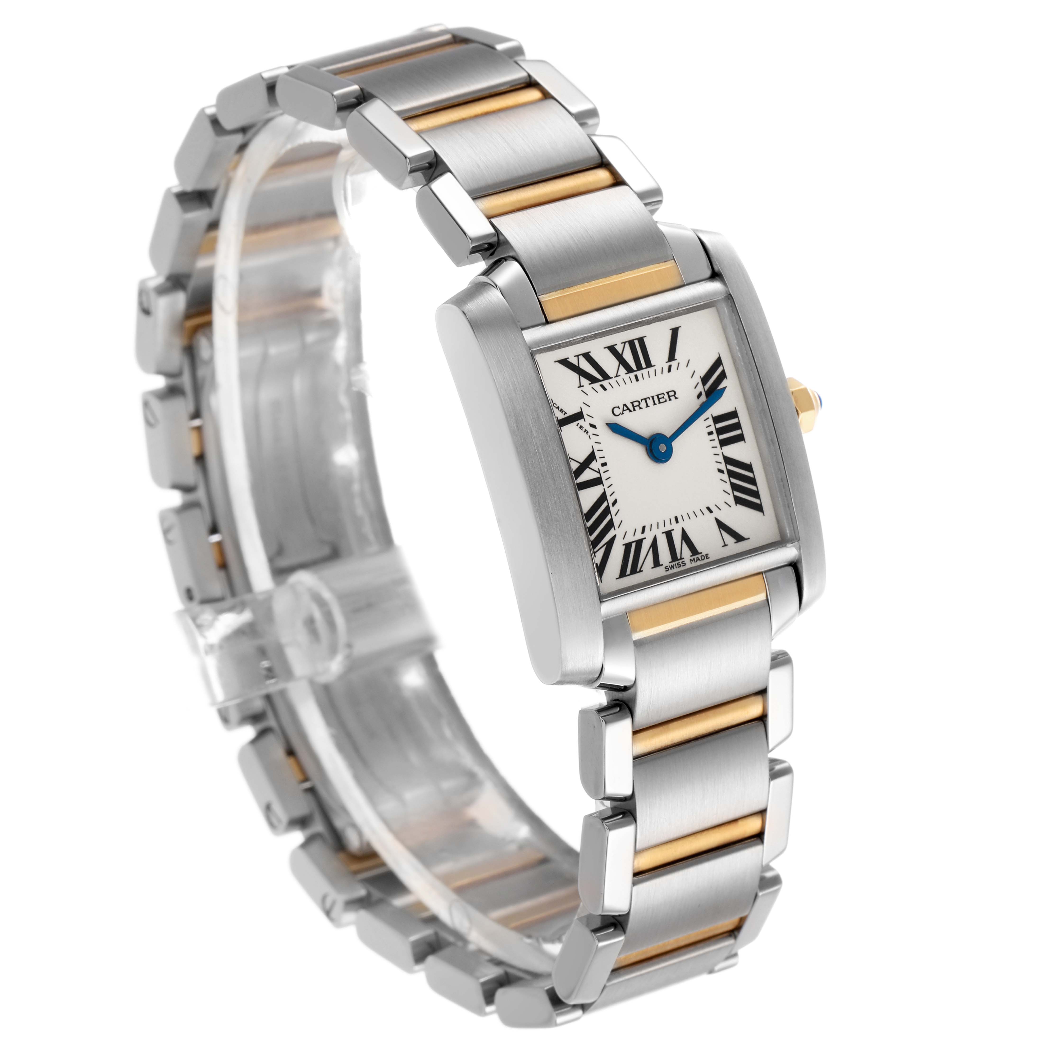 The Cartier Tank Française watch is shown at an angled side view, highlighting its rectangular face and two-tone metal bracelet.