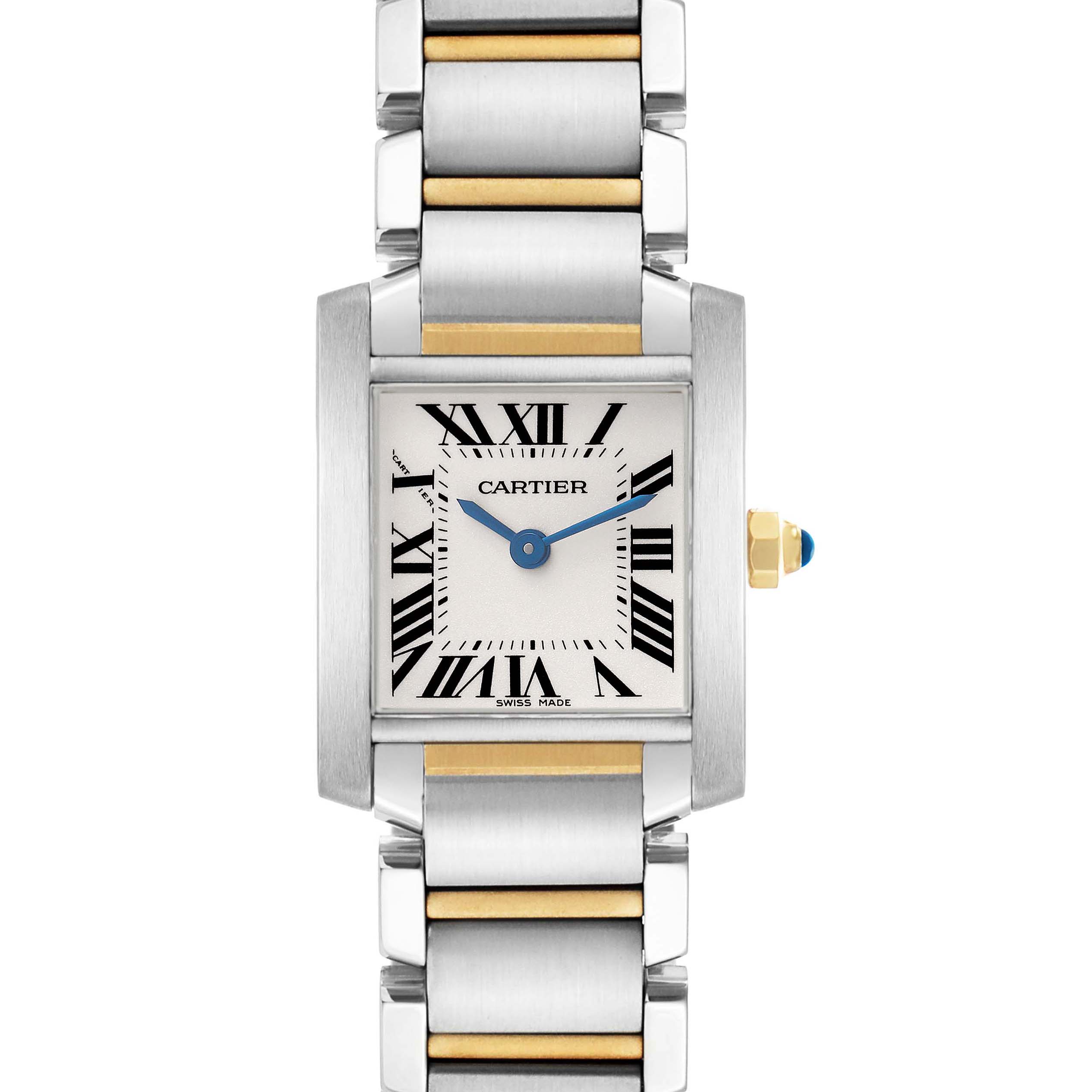 The Cartier Tank Francaise W51007Q4 Women's Steel and Gold (two tone) Silver Dial watch is shown from a front view, highlighting its rectangular face and two-tone bracelet.