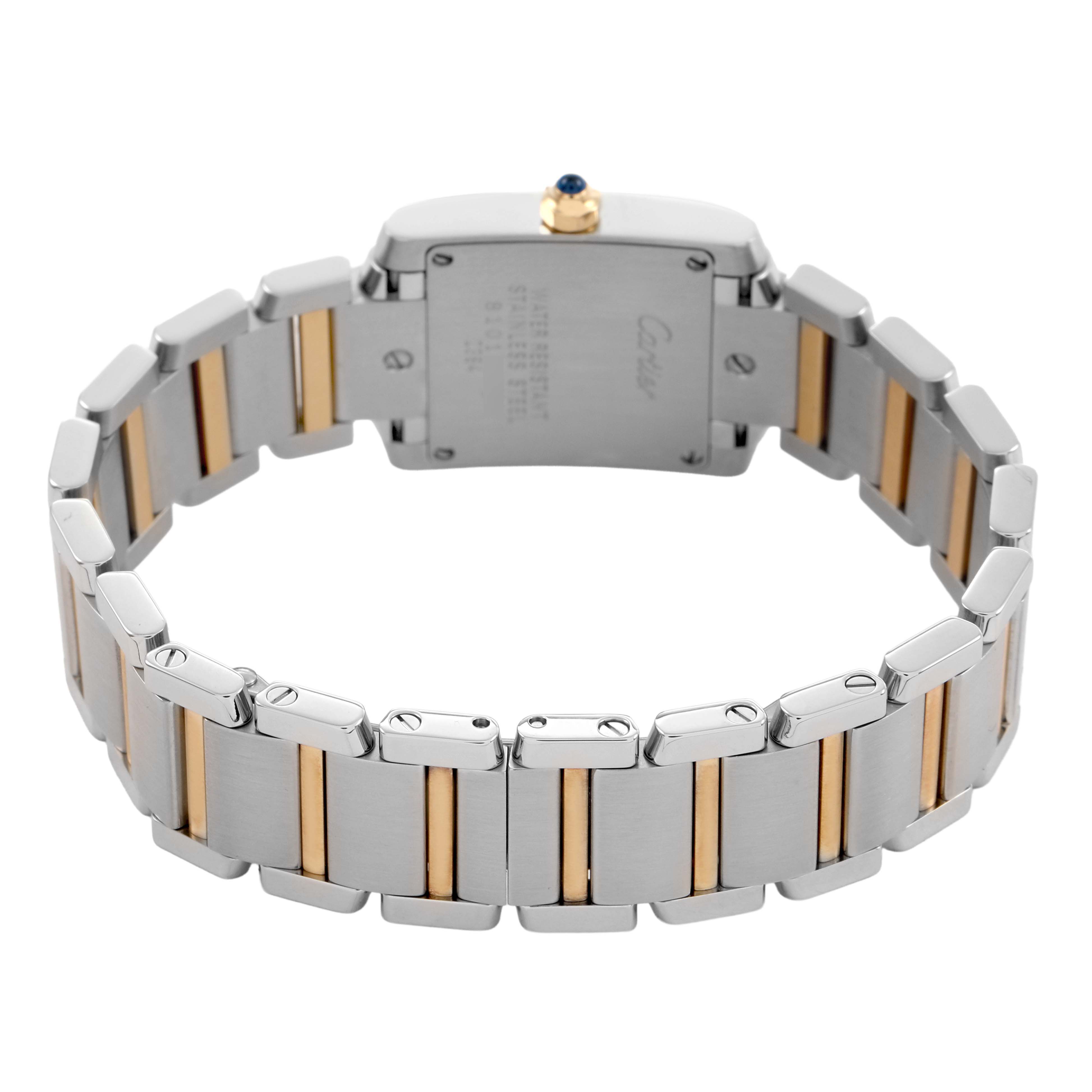The image shows the back view of a Cartier Tank Française, highlighting the bracelet and case back.
