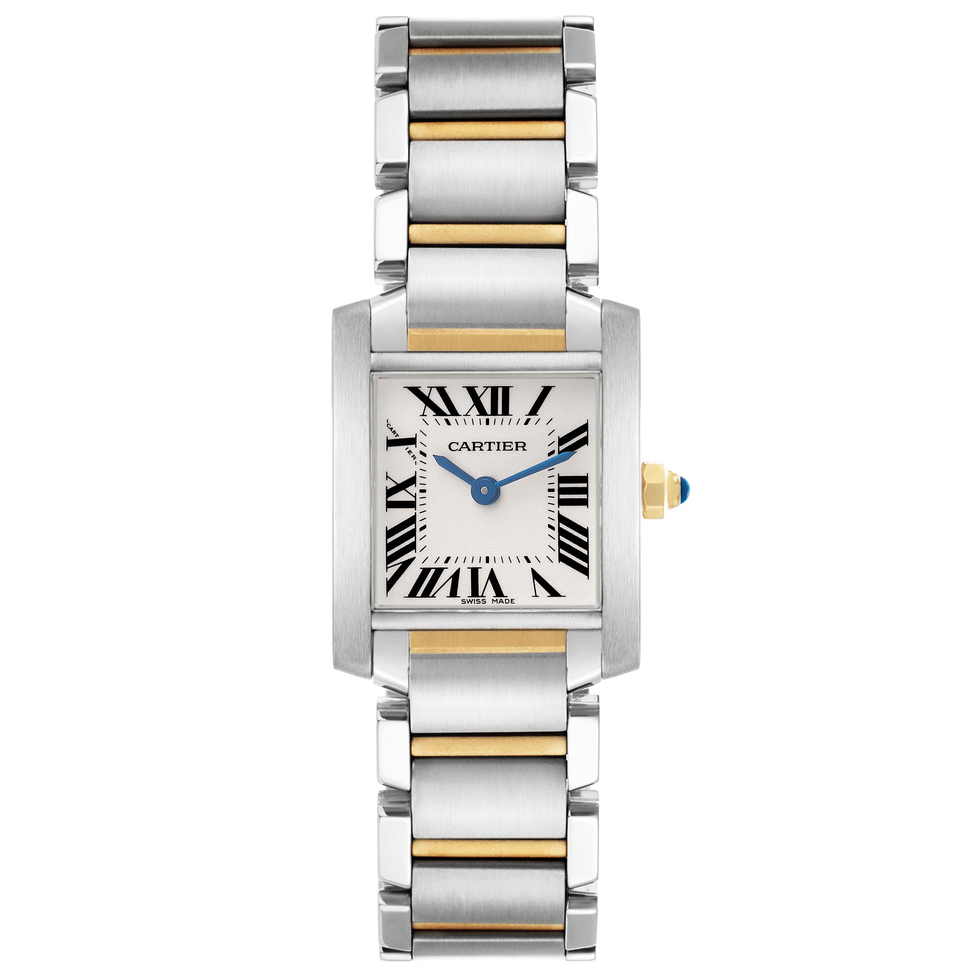 The Cartier Tank Française watch is shown from a front angle highlighting the face, bracelet, and crown.