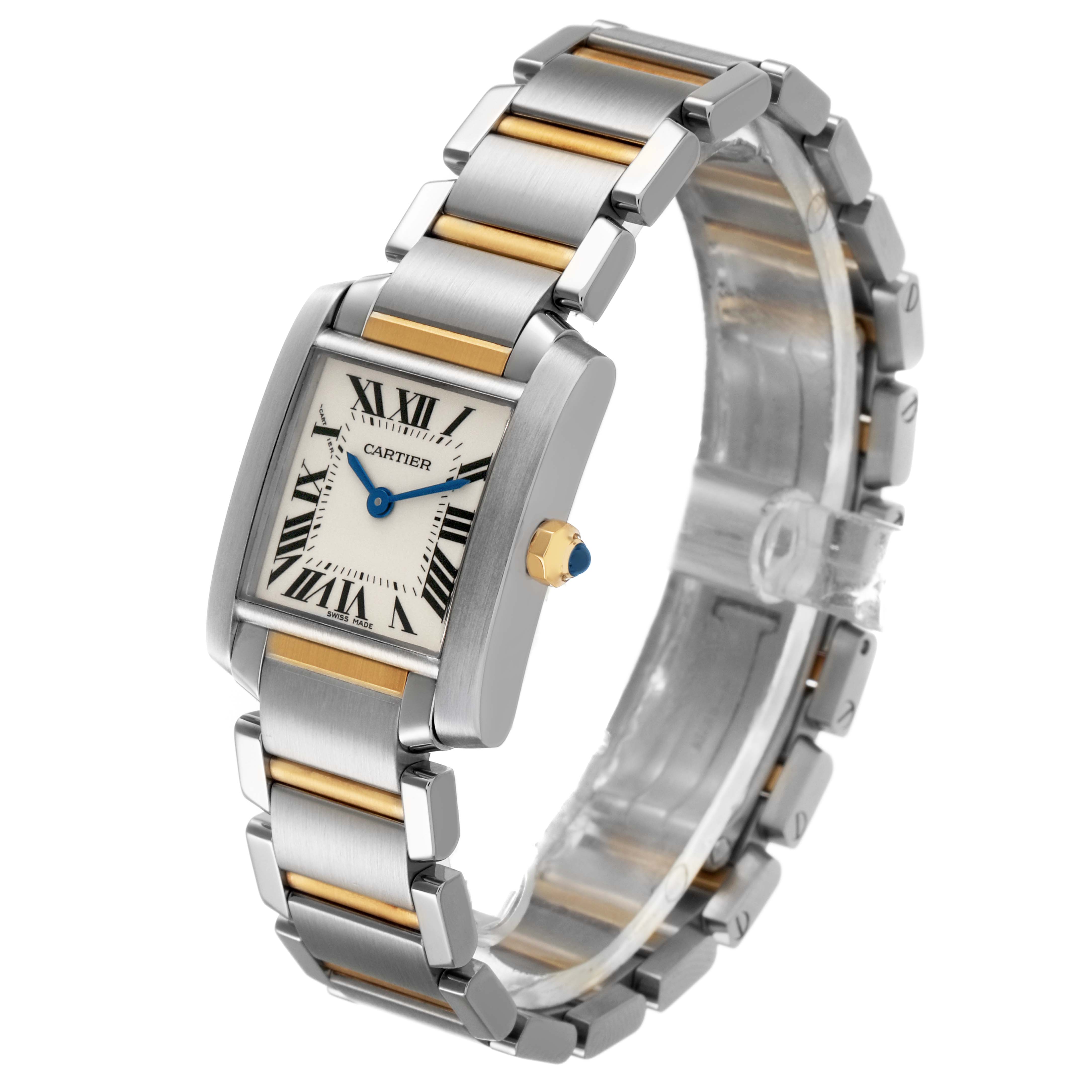 The Cartier Tank Française watch is shown at a three-quarter angle, displaying the face, bracelet, and crown with a blue cabochon.