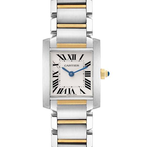 The Cartier Tank Française watch is shown from a front angle, featuring the rectangular face, Roman numerals, and metal bracelet with gold accents.