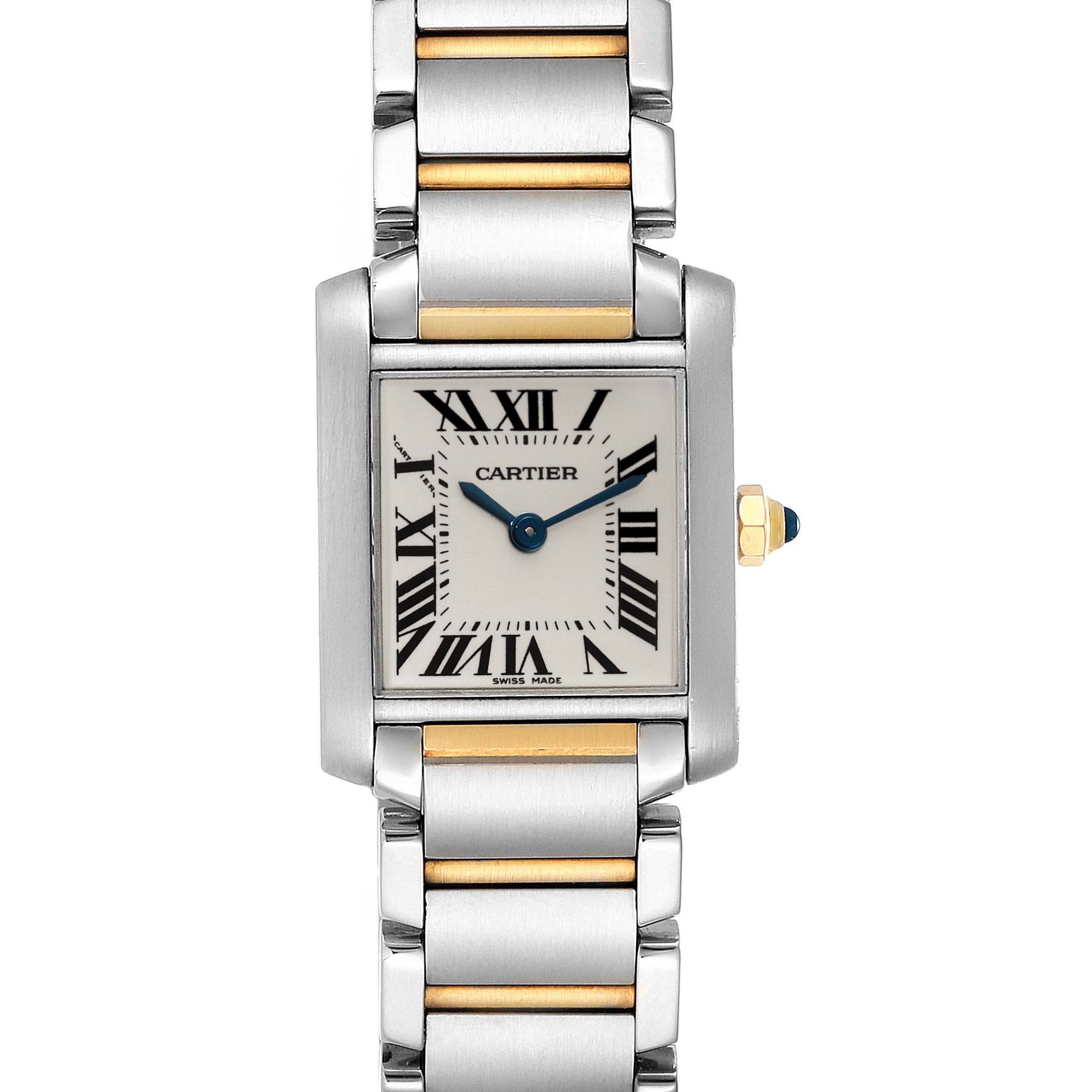 This image shows a front view of the Cartier Tank Francaise W51007Q4 Women's Steel and Gold (two tone) Silver Dial W51007Q4 Women's Steel and Gold (two tone) Silver Dial watch, highlighting its face and metal bracelet.