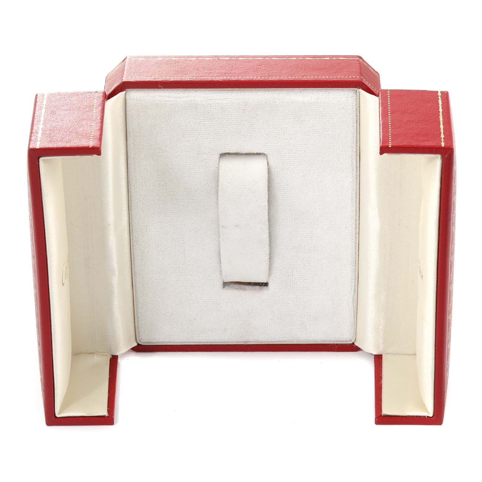 This image shows an empty red and white watch box for the Cartier Tank Francaise W51007Q4 Women's Steel and Gold (two tone) Silver Dial W51007Q4 Women's Steel and Gold (two tone) Silver Dial model, viewed from the front.