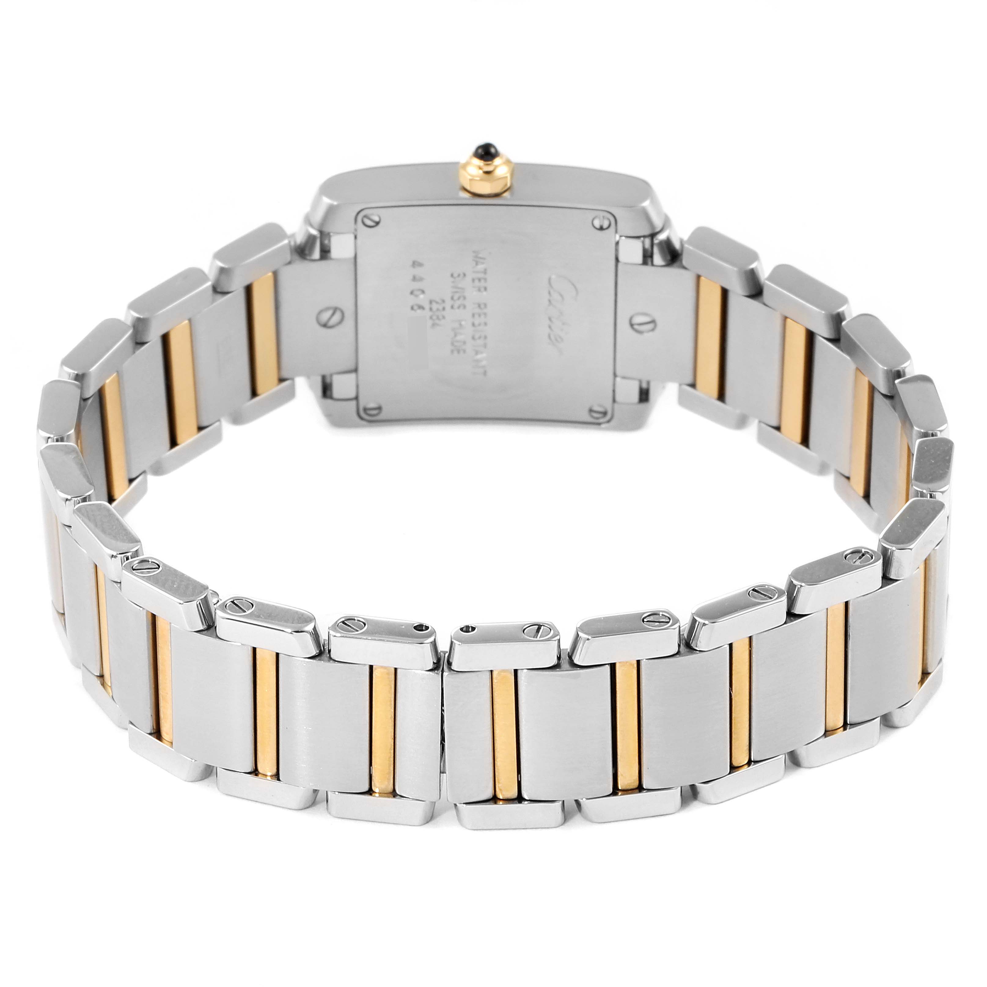 The image shows the back side and bracelet of the Cartier Tank Francaise W51007Q4 Women's Steel and Gold (two tone) Silver Dial W51007Q4 Women's Steel and Gold (two tone) Silver Dial watch, highlighting its two-tone metal links.