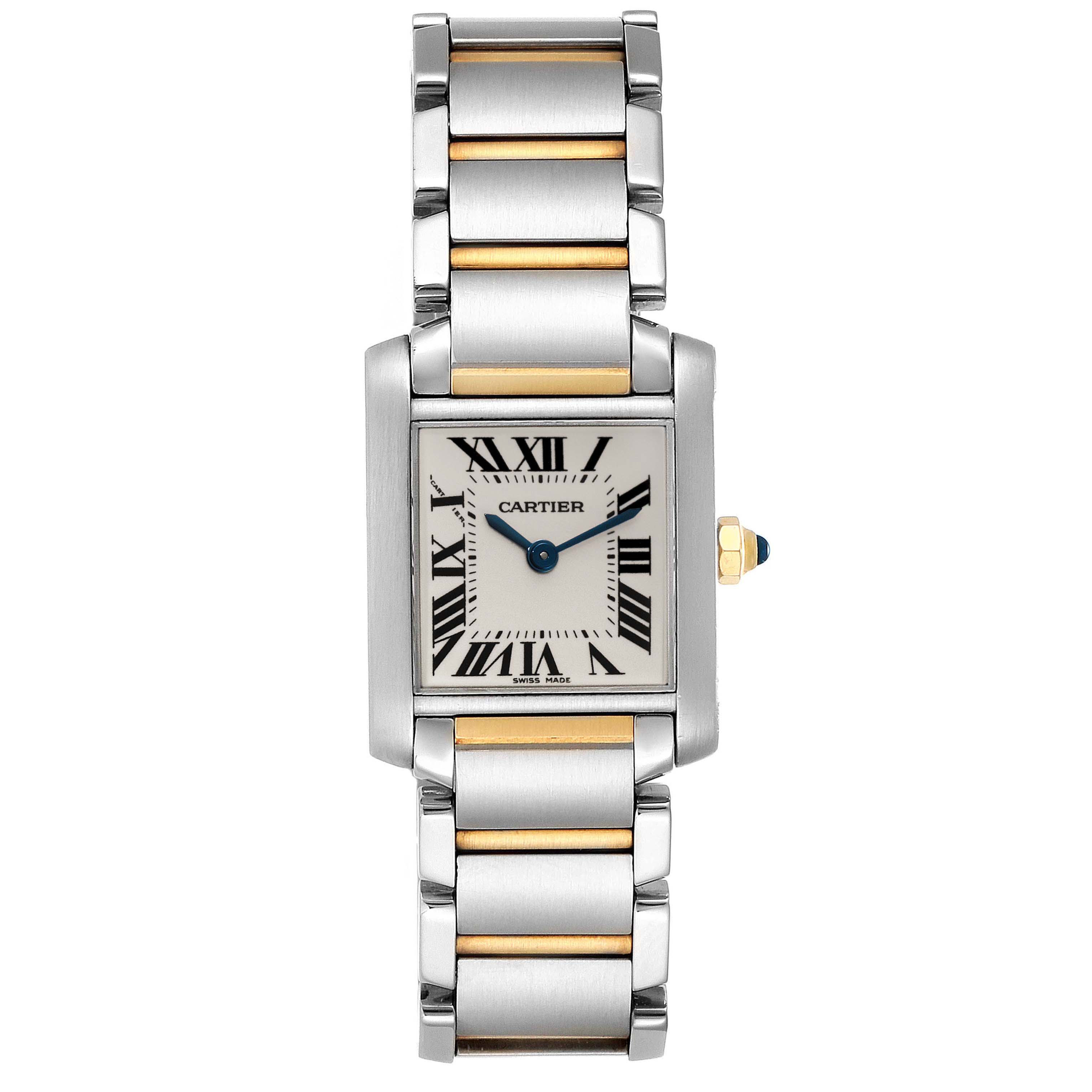 The image shows a front view of a Cartier Tank Francaise W51007Q4 Women's Steel and Gold (two tone) Silver Dial W51007Q4 Women's Steel and Gold (two tone) Silver Dial watch, highlighting its rectangular dial and two-tone bracelet.
