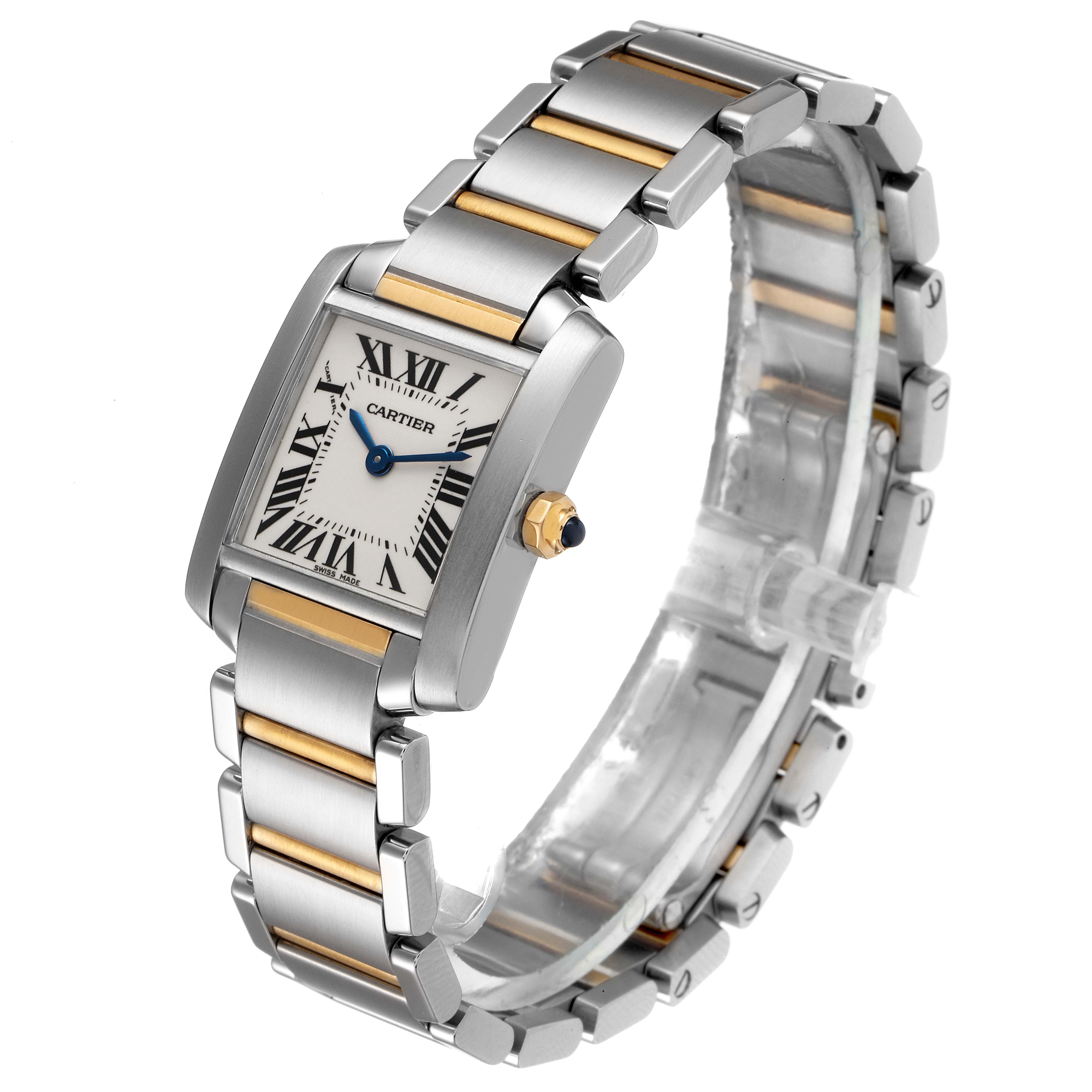 The image shows a Cartier Tank Francaise W51007Q4 Women's Steel and Gold (two tone) Silver Dial W51007Q4 Women's Steel and Gold (two tone) Silver Dial watch at a three-quarter angle, highlighting its face, crown, and two-tone bracelet.