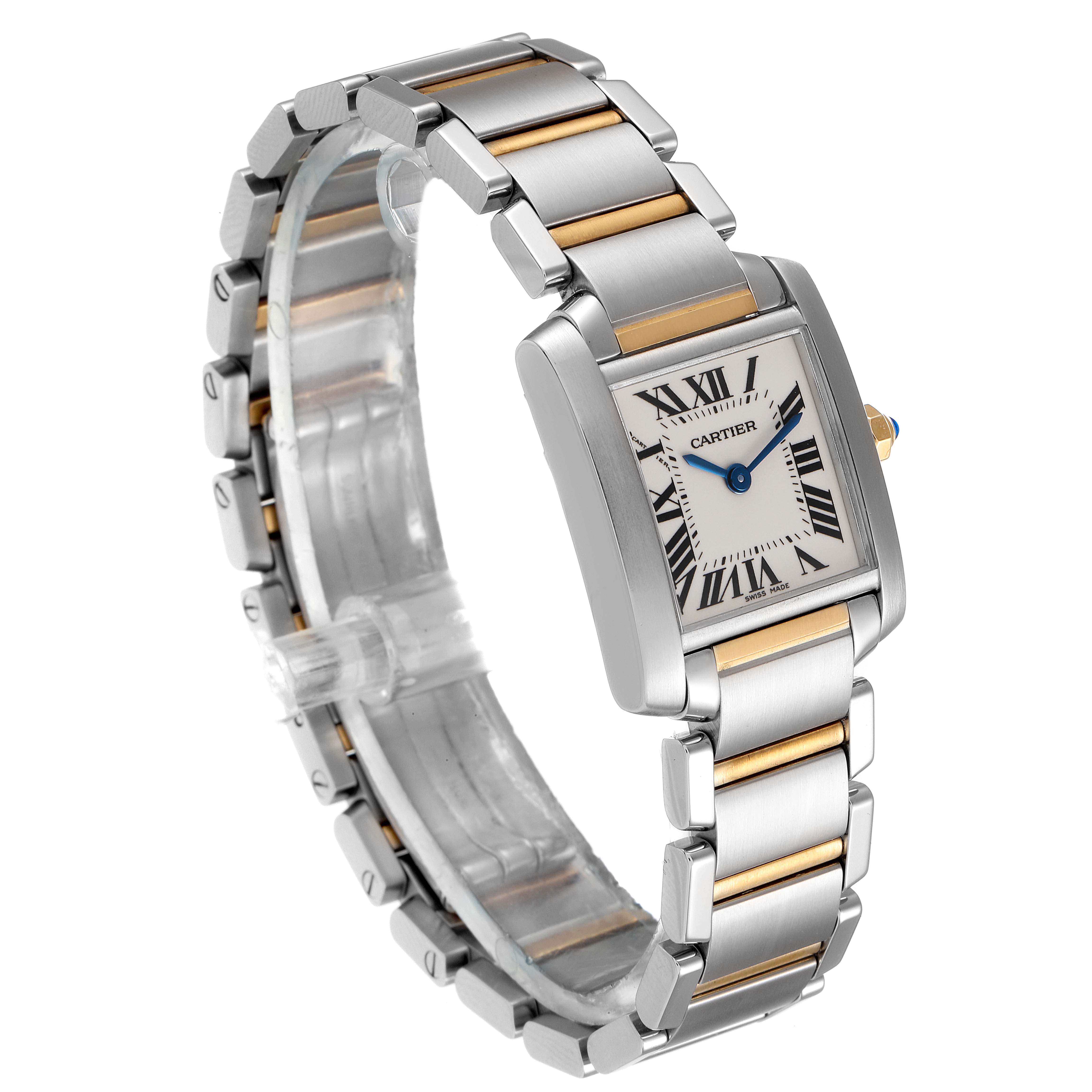 This image shows a Cartier Tank Francaise W51007Q4 Women's Steel and Gold (two tone) Silver Dial W51007Q4 Women's Steel and Gold (two tone) Silver Dial watch angled to display its rectangular dial, Roman numeral markers, and two-tone bracelet.
