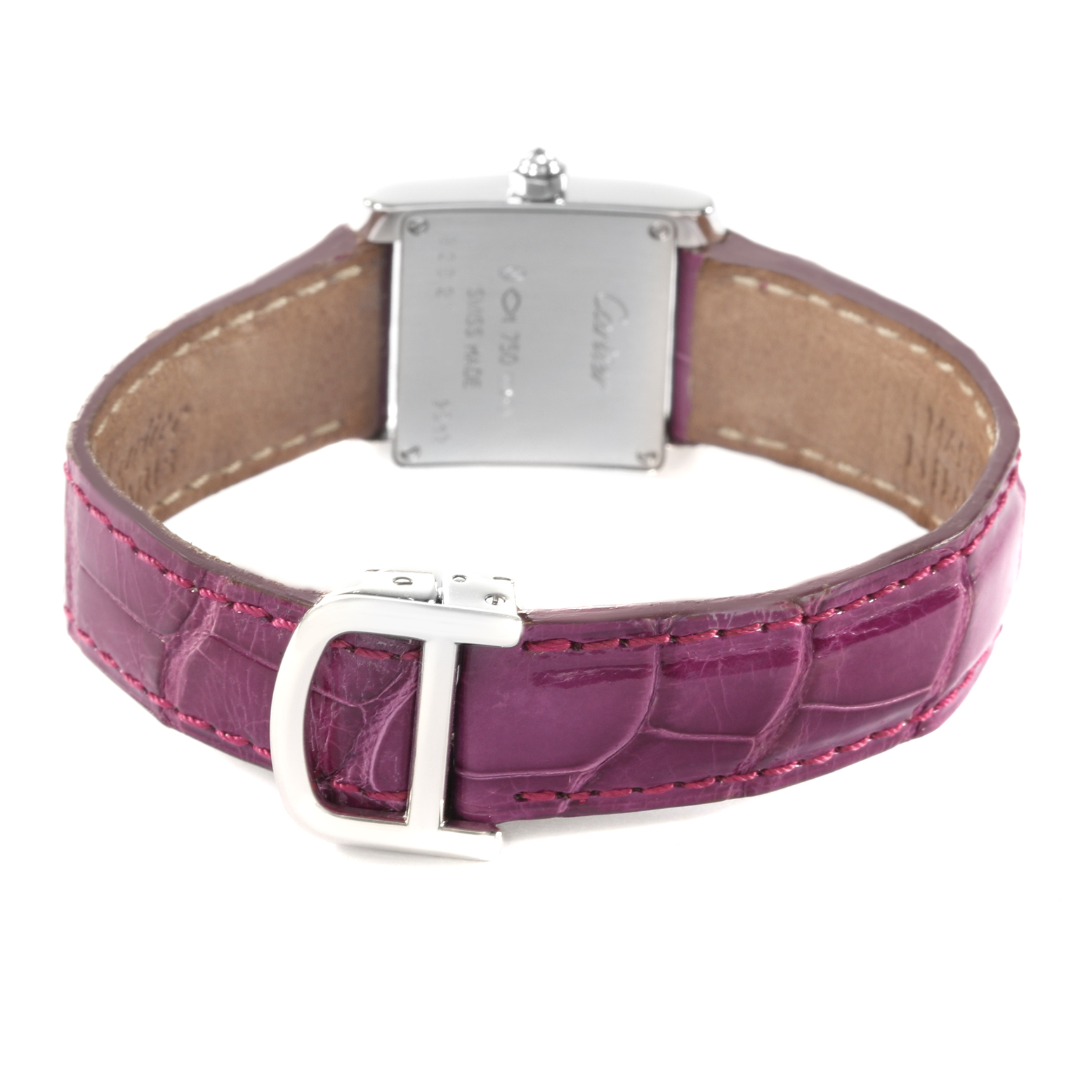 This image shows the back case and buckle of the Cartier Tank Francaise WE102631 Women
s White Gold Silver Dial WE102631 Women
s White Gold Silver Dial watch with a pink leather strap.