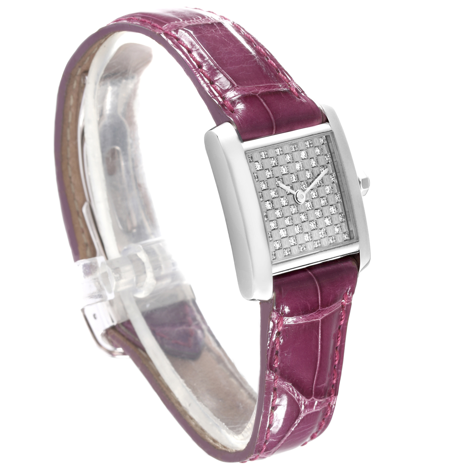 The Cartier Tank Francaise WE102631 Women
s White Gold Silver Dial WE102631 Women
s White Gold Silver Dial watch is shown at a slight angle, featuring its rectangular face, silver case, and a burgundy leather strap.