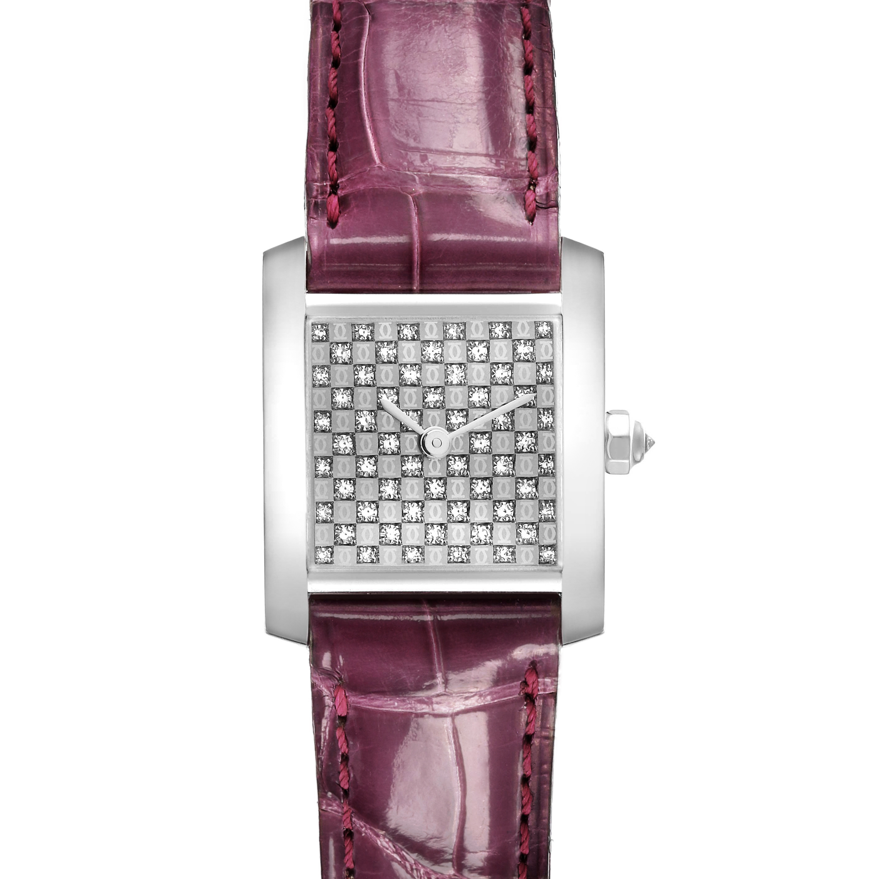 The image shows a front view of the Cartier Tank Francaise WE102631 Women
s White Gold Silver Dial WE102631 Women
s White Gold Silver Dial watch with a gemstone-encrusted face and a maroon leather strap.