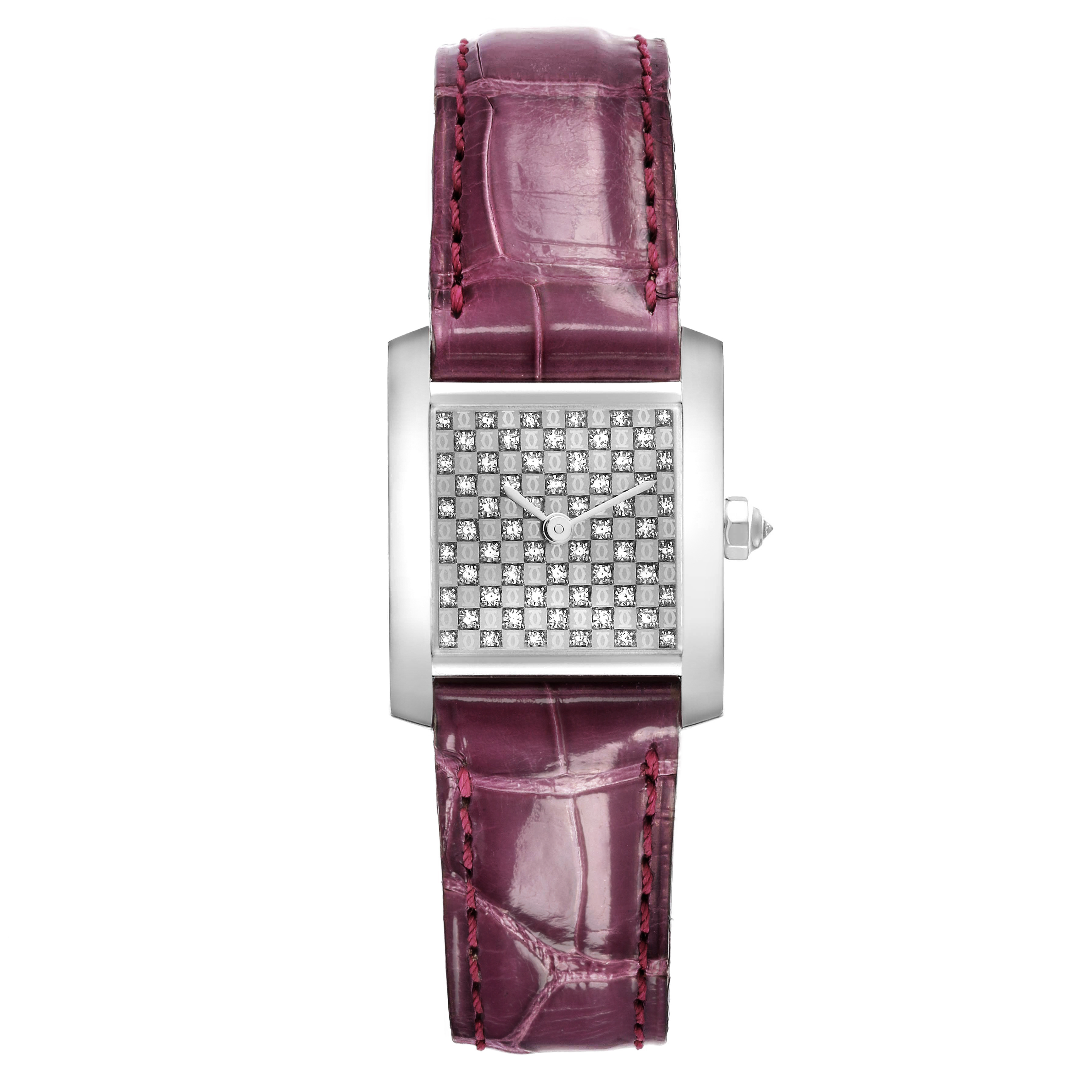 The image shows a frontal view of the Cartier Tank Française watch with a diamond-studded dial and a burgundy leather strap.