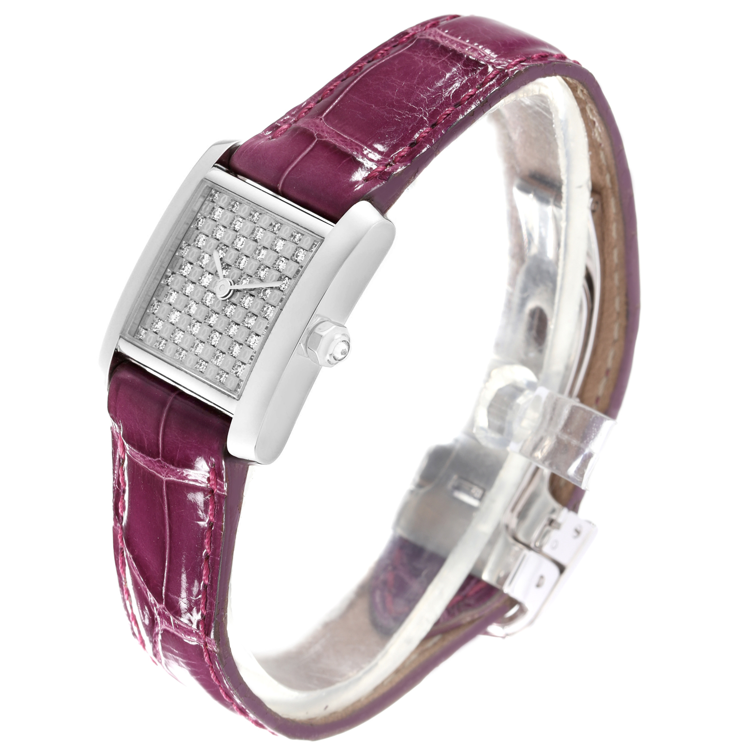 The Cartier Tank Francaise WE102631 Women
s White Gold Silver Dial WE102631 Women
s White Gold Silver Dial watch is shown at a side angle, displaying its diamond-set face, purple leather strap, and metal clasp. 