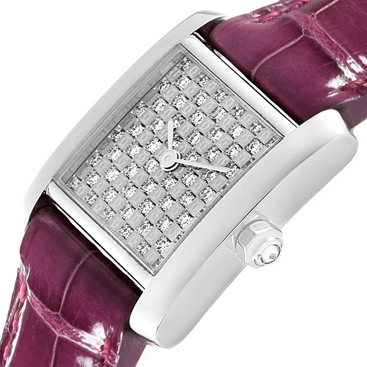 The image shows a close-up of a Tank Francaise watch by Cartier, focusing on the face, bezel, crown, and strap.