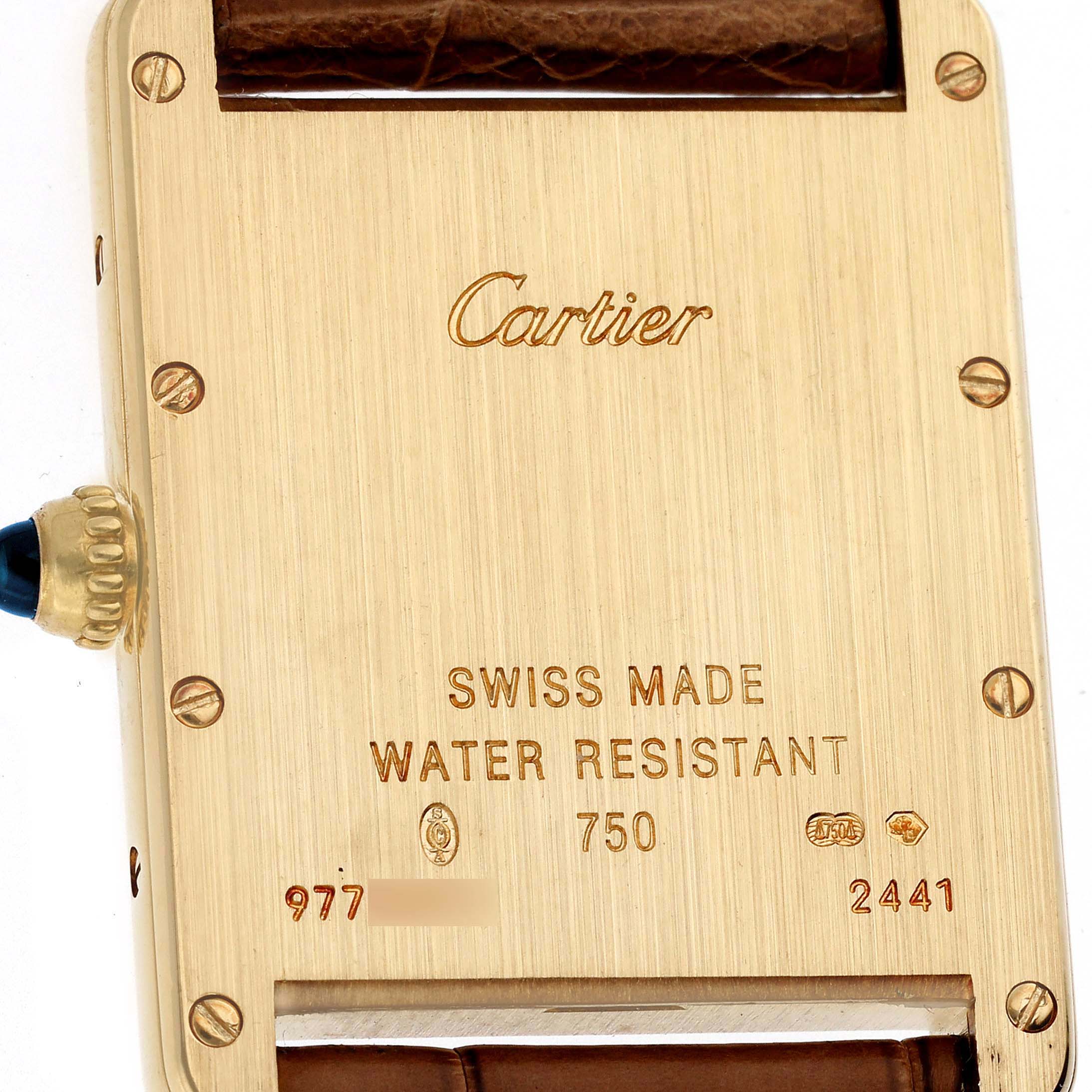 The image shows the back of a Cartier Tank Louis W1529756 Men's Yellow Gold Silver Dial W1529756 Men's Yellow Gold Silver Dial watch, highlighting its case, markings, and part of the leather strap.