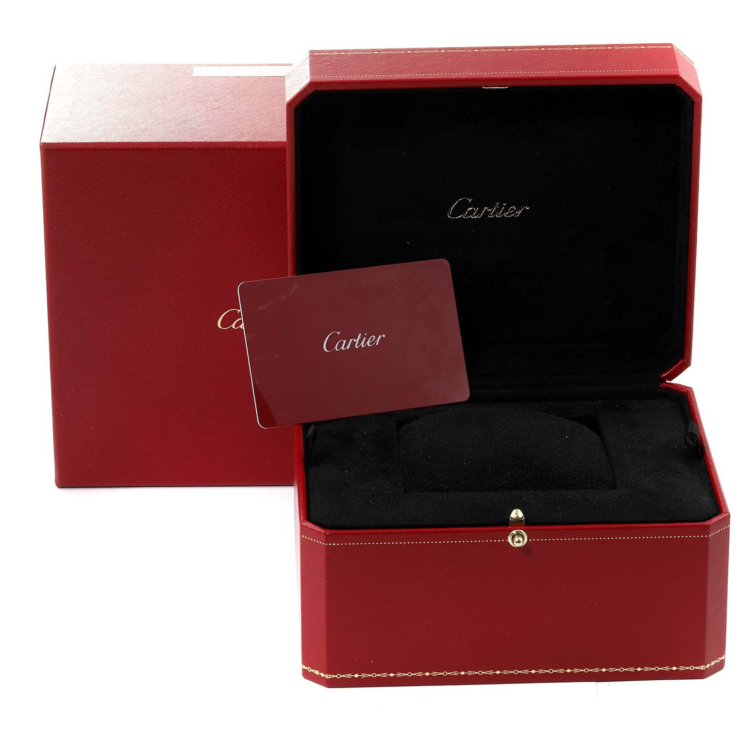 The image shows an open red Cartier box with a Cartier card, likely for a Tank Louis model watch.