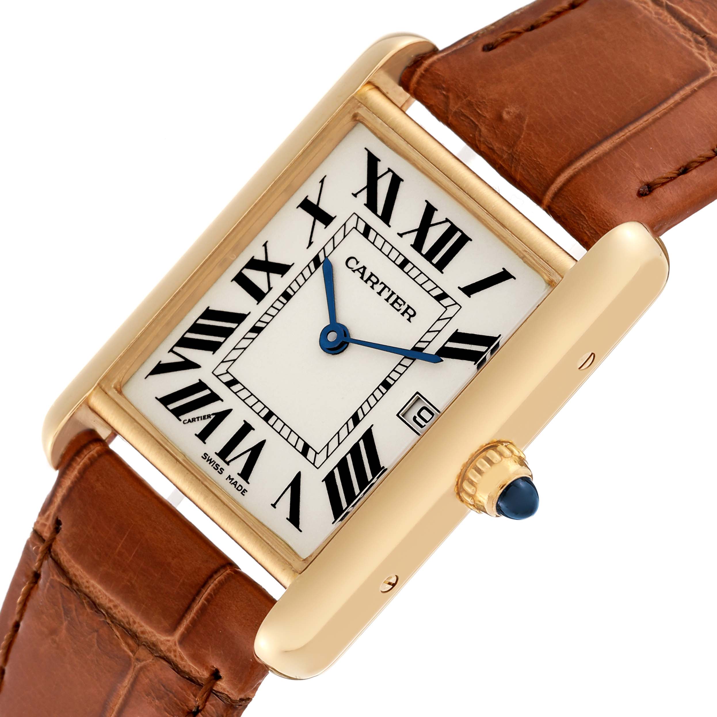 The image shows the Cartier Tank Louis W1529756 Men's Yellow Gold Silver Dial W1529756 Men's Yellow Gold Silver Dial model watch angled to display the face, bezel, crown, and part of the leather strap.