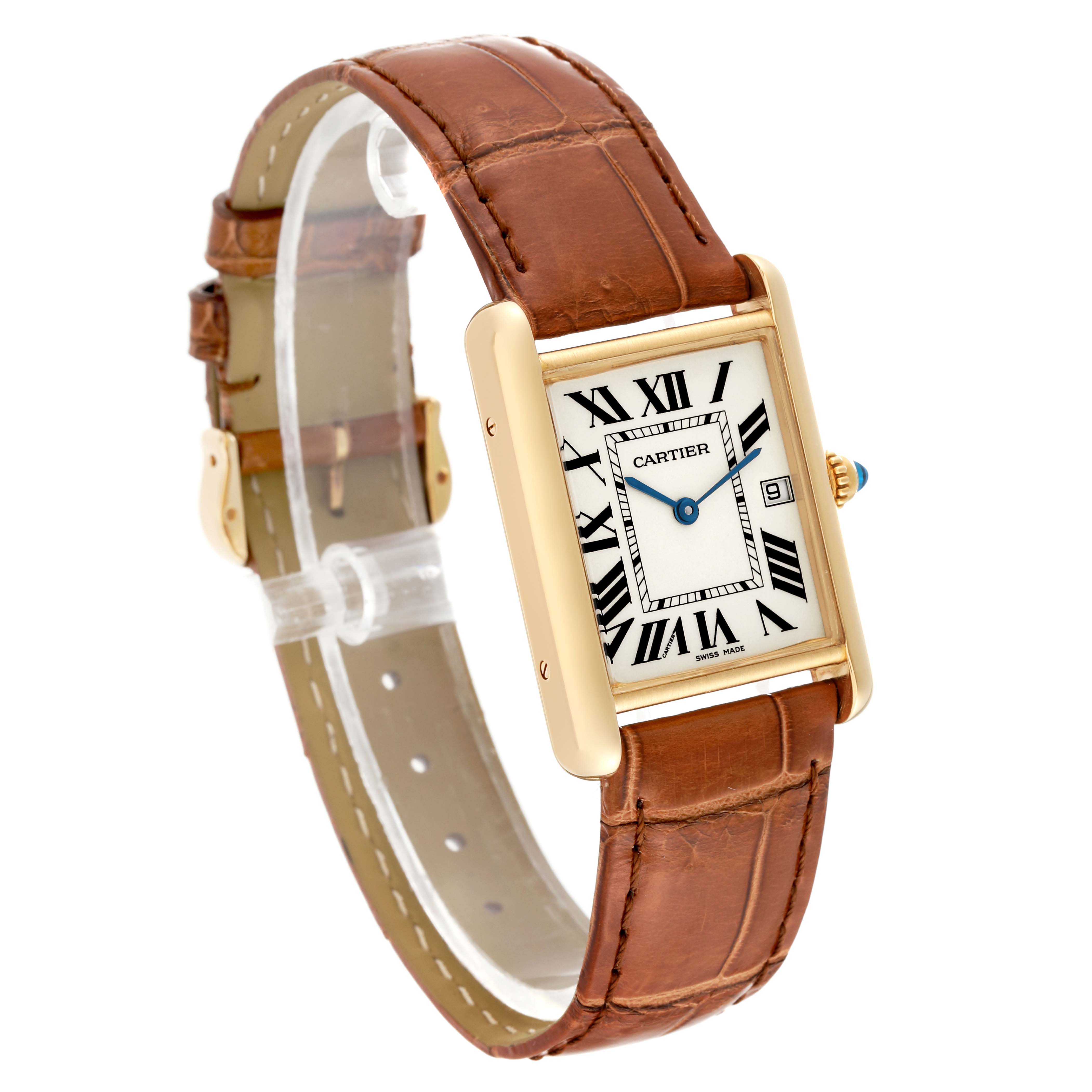 The image shows a Cartier Tank Louis W1529756 Men's Yellow Gold Silver Dial W1529756 Men's Yellow Gold Silver Dial watch at a three-quarter angle highlighting its face, strap, and crown.