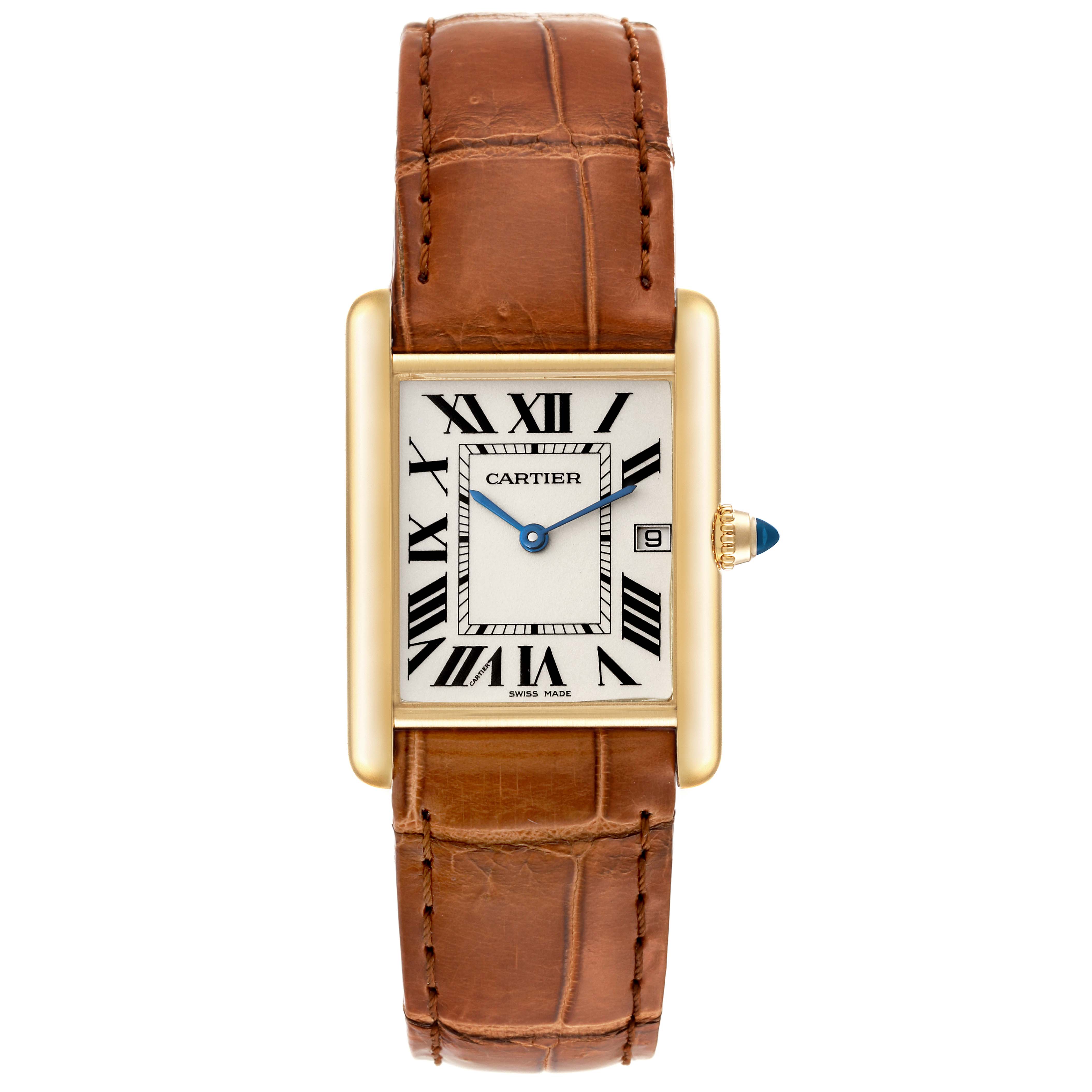 The Cartier Tank Louis W1529756 Men's Yellow Gold Silver Dial W1529756 Men's Yellow Gold Silver Dial watch is shown from the front, displaying its rectangular dial, leather strap, and rounded gold case.