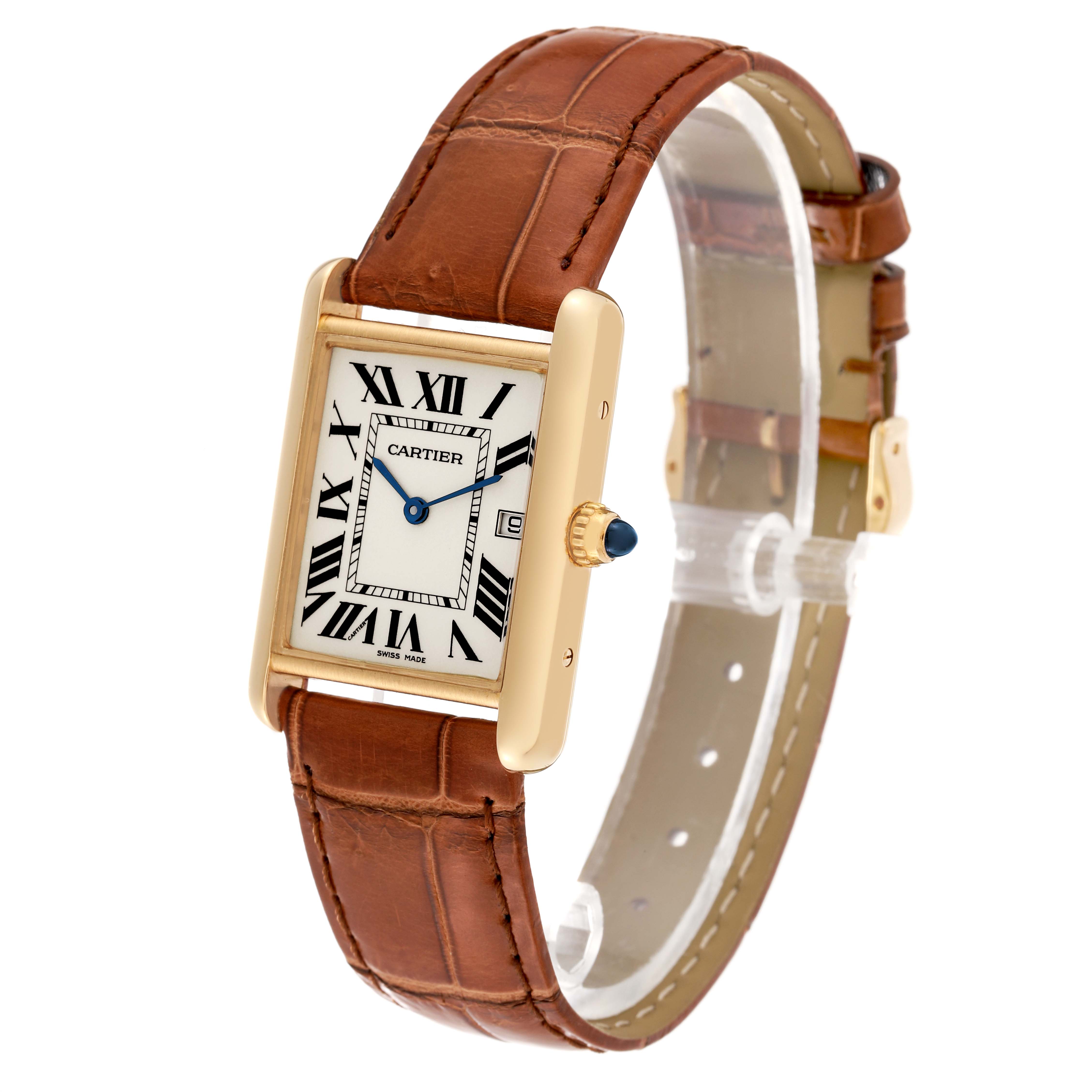 The Cartier Tank Louis W1529756 Men's Yellow Gold Silver Dial W1529756 Men's Yellow Gold Silver Dial watch is shown at a three-quarter angle, displaying its rectangular face, Roman numerals, and leather strap.