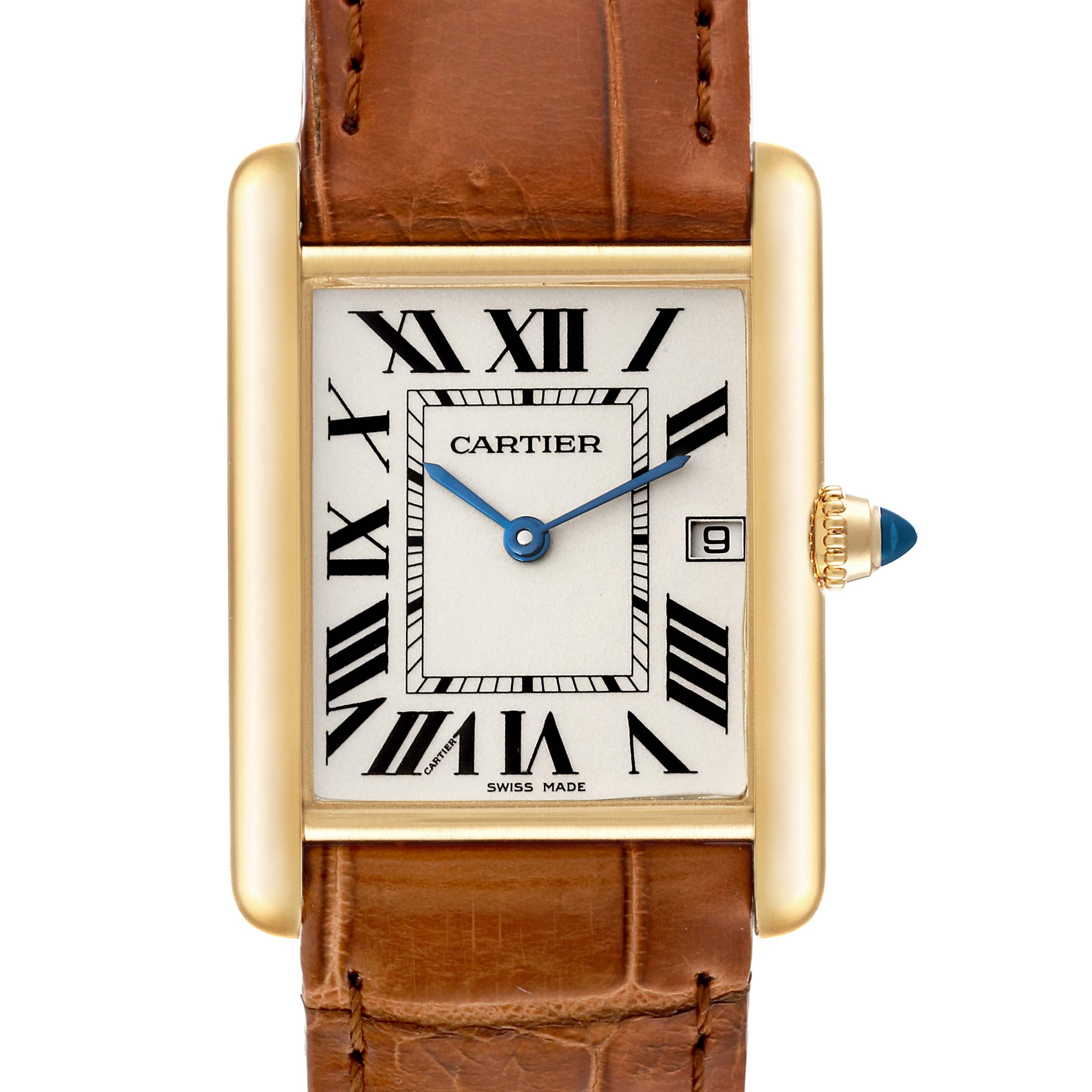 The image shows a front view of the Cartier Tank Louis W1529756 Men's Yellow Gold Silver Dial W1529756 Men's Yellow Gold Silver Dial watch with a gold case, leather strap, and Roman numeral dial.