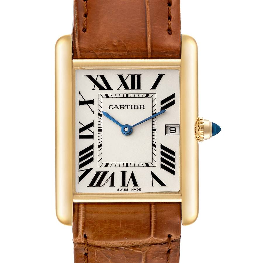 Cartier Tank Louis Yellow Gold Leather Mens Watch W1529756 Box Card SwissWatchExpo