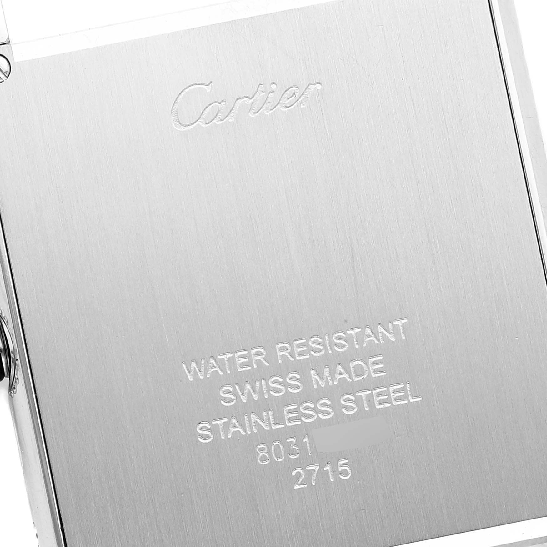 This image shows the back case of a Cartier Tank Solo W1018355 Men's Stainless Steel Silver Dial W1018355 Men's Stainless Steel Silver Dial watch, highlighting its water resistance, Swiss manufacturing, and stainless steel material.
