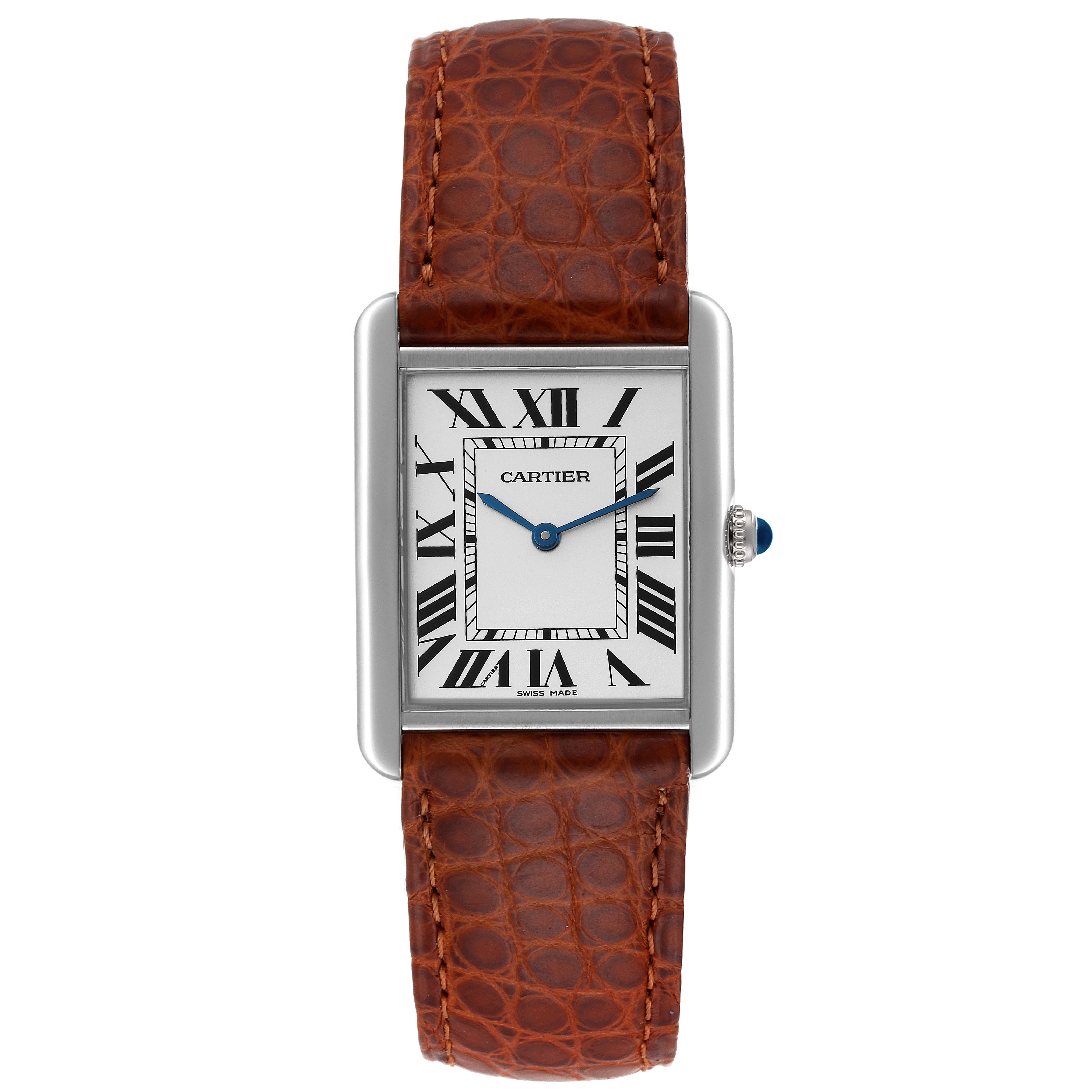 The Tank Solo by Cartier is shown from a front view, displaying its rectangular face and brown leather strap.