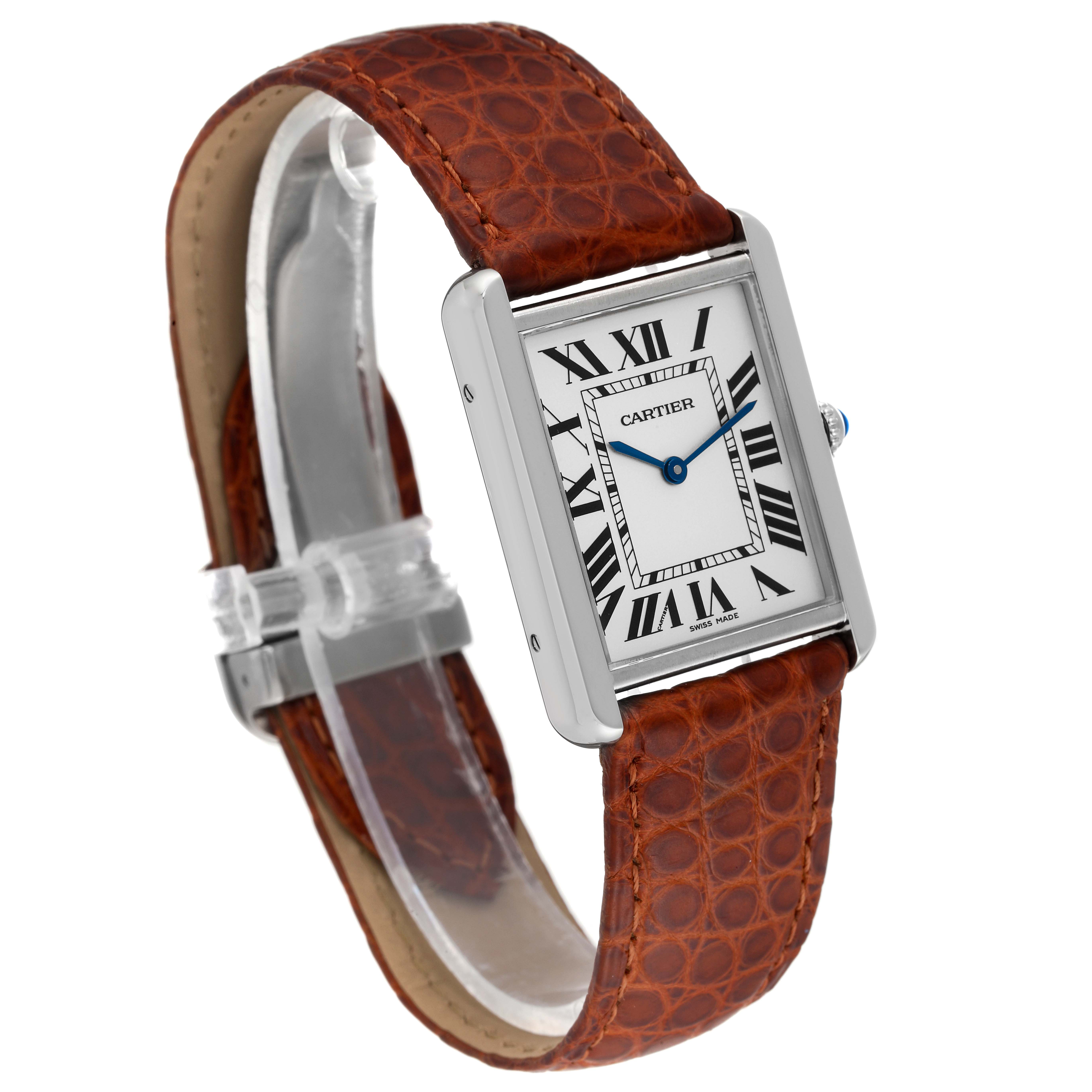 This image shows a Cartier Tank Solo W1018355 Men's Stainless Steel Silver Dial W1018355 Men's Stainless Steel Silver Dial watch with a brown leather strap and a rectangular face from an angled side view.