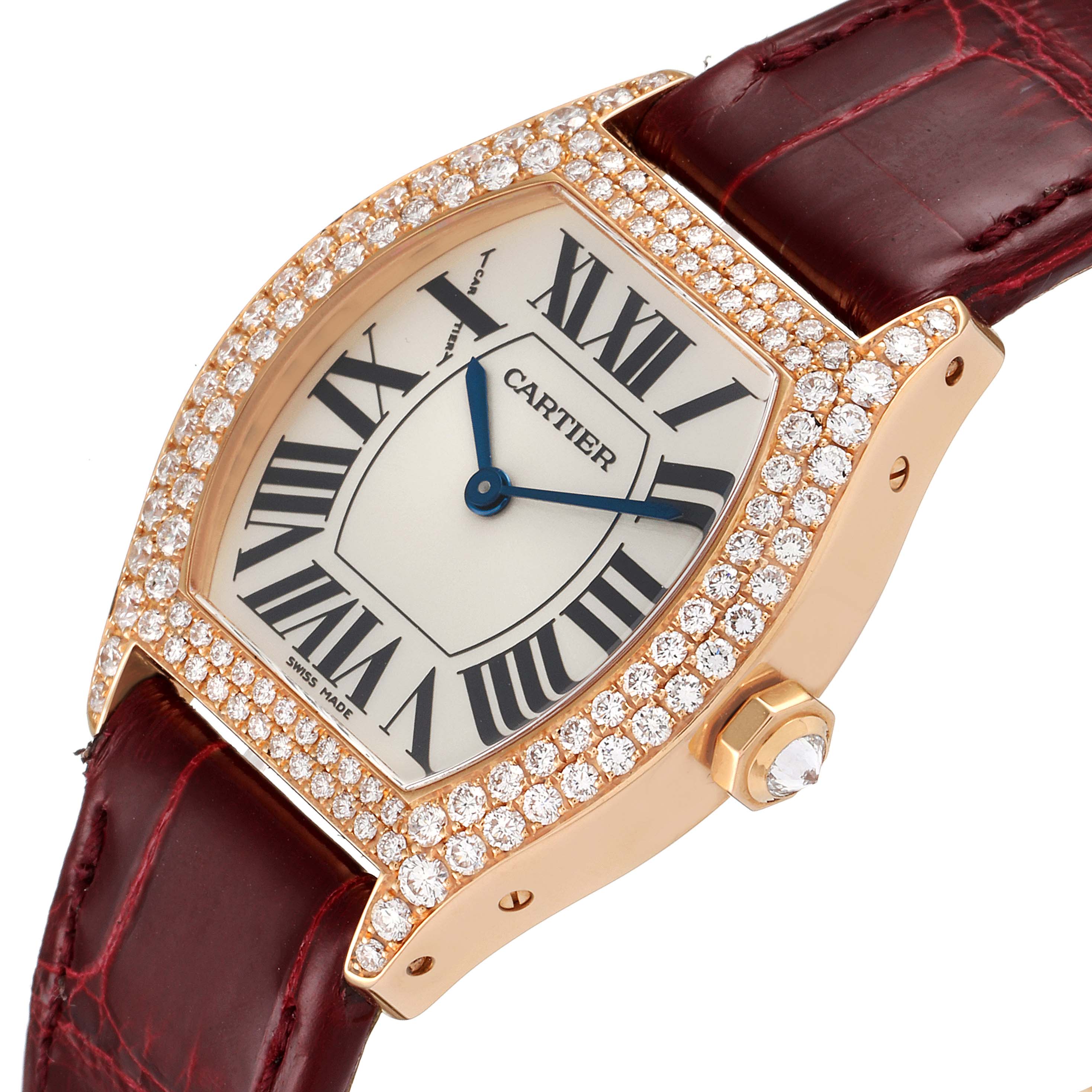 The Cartier Tortue 2645 Women's Rose Gold Silver Dial 2645 Women's Rose Gold Silver Dial watch is shown at an angle displaying the face, case, bezel with diamonds, and part of the leather strap.