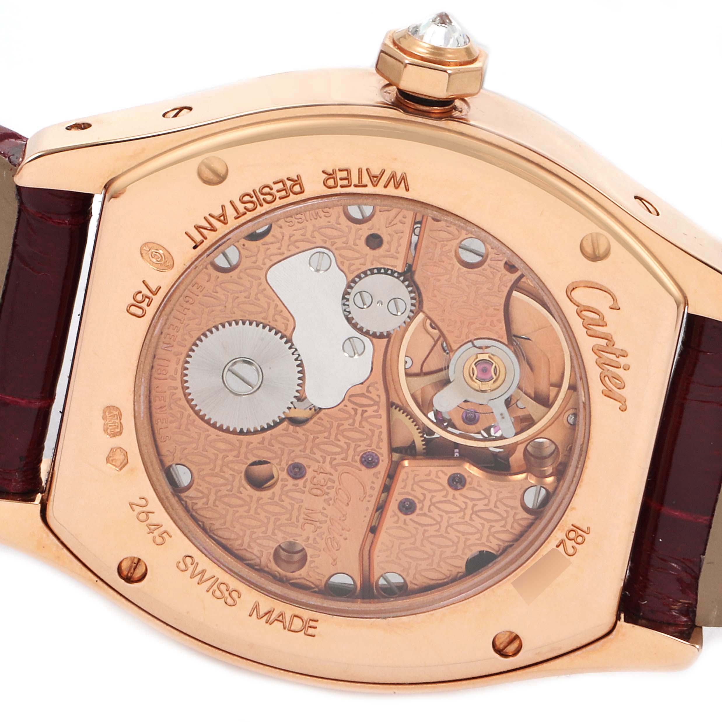 The image shows the back view of the Cartier Tortue 2645 Women's Rose Gold Silver Dial 2645 Women's Rose Gold Silver Dial watch revealing its intricate movement mechanism.