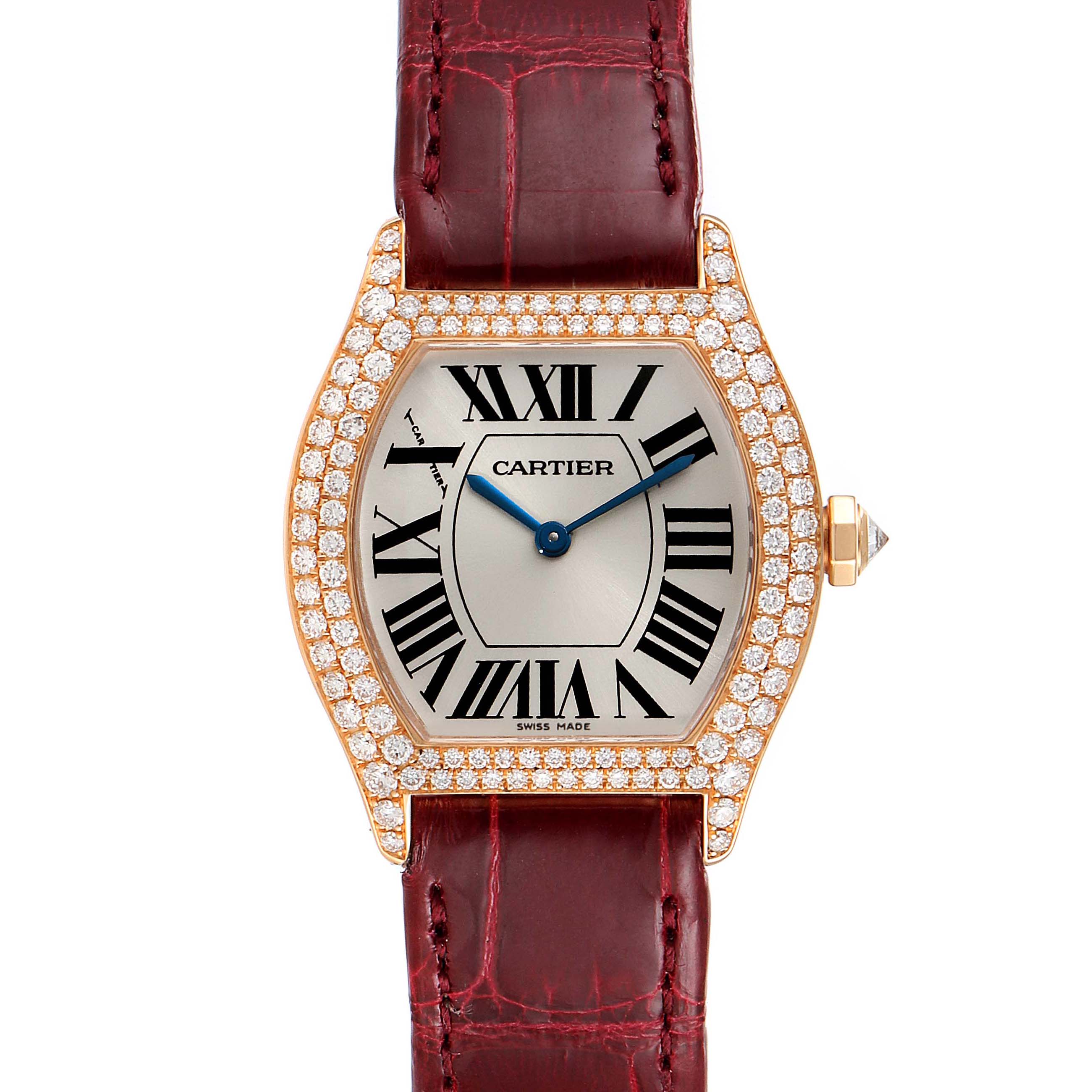 The image shows a front view of the Cartier Tortue 2645 Women's Rose Gold Silver Dial 2645 Women's Rose Gold Silver Dial watch with a diamond-encrusted bezel and a brown leather strap.